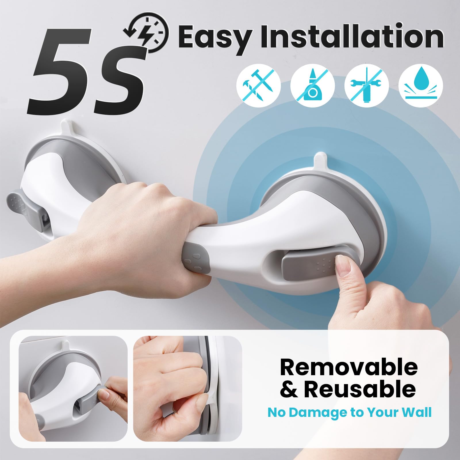 TAILI Grab Bars for Bathtubs and Showers 2 Pack Suction Grab Bar, Heavy Duty Shower Handle Removable Bath Handrails for Seniors and Elderly, Bathroom Safety Grip No Drilling Waterproof,Grey