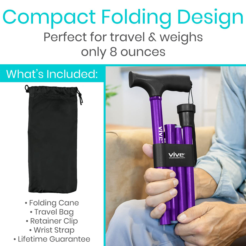 Vive Folding Cane - Foldable Walking Cane for Men, Women - Fold-up, Collapsible, Lightweight, Adjustable, Portable Hand Walking Stick - Balancing Mobility Aid - Comfortable Ergonomic Handle