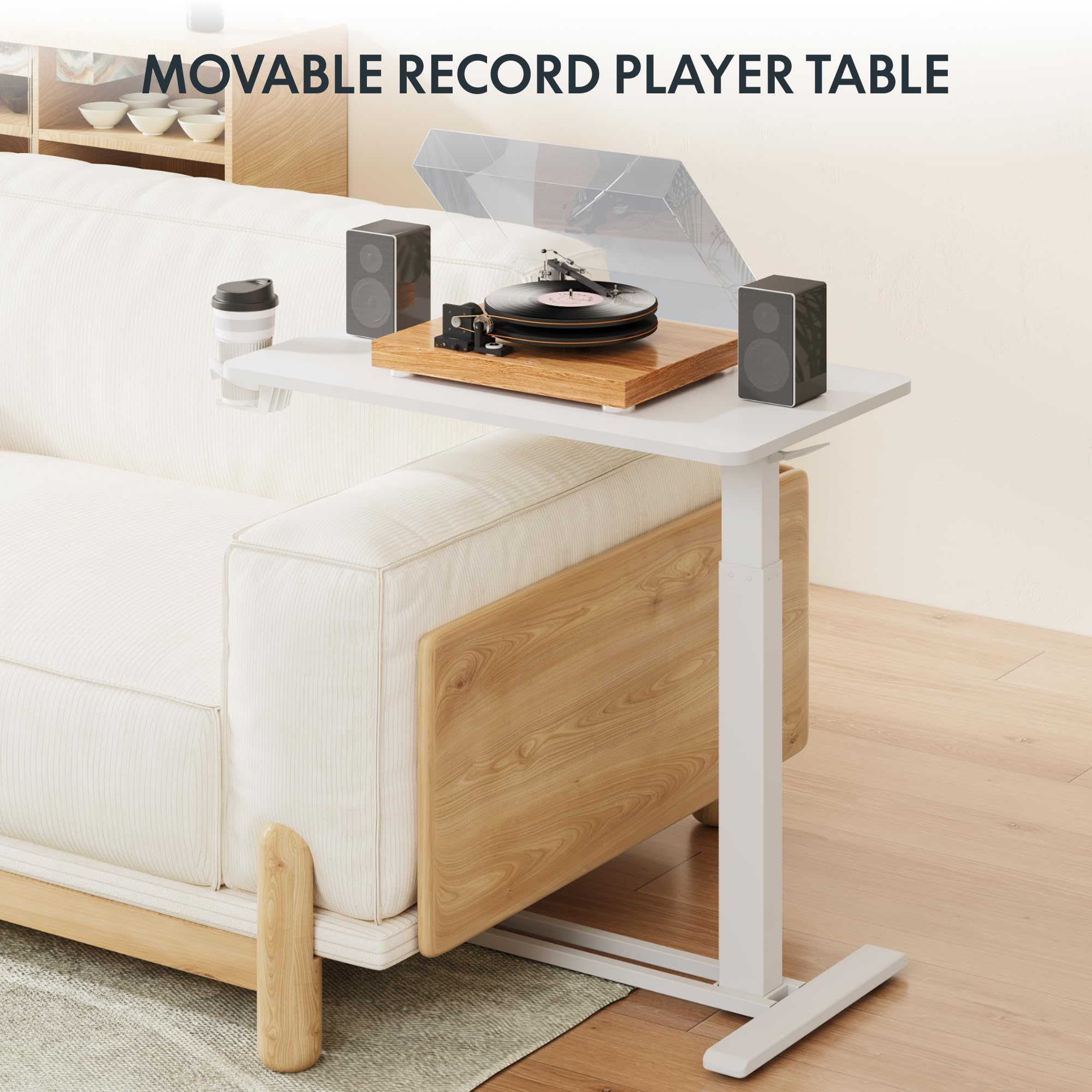 FLEXISPOT H7 Adjustable Overbed Bedside Table with Wheels Pneumatic Mobile Standing Desk Laptop Desk Rolling Computer Cart Movable Overbed Table Hospital Home Use(27.6" W x 15.7" D, White)