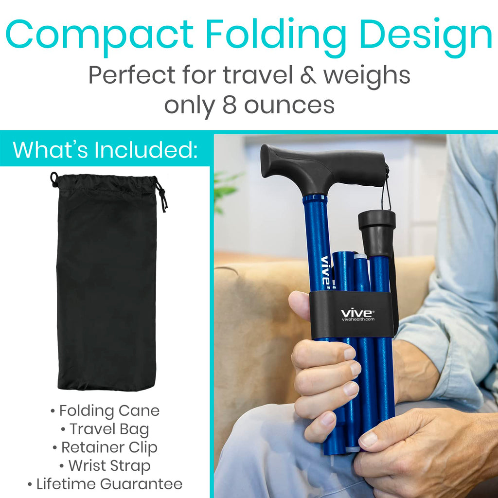 Vive Folding Cane - Foldable Walking Cane for Men, Women - Fold-up, Collapsible, Lightweight, Adjustable, Portable Hand Walking Stick - Balancing Mobility Aid - Comfortable Ergonomic Handle