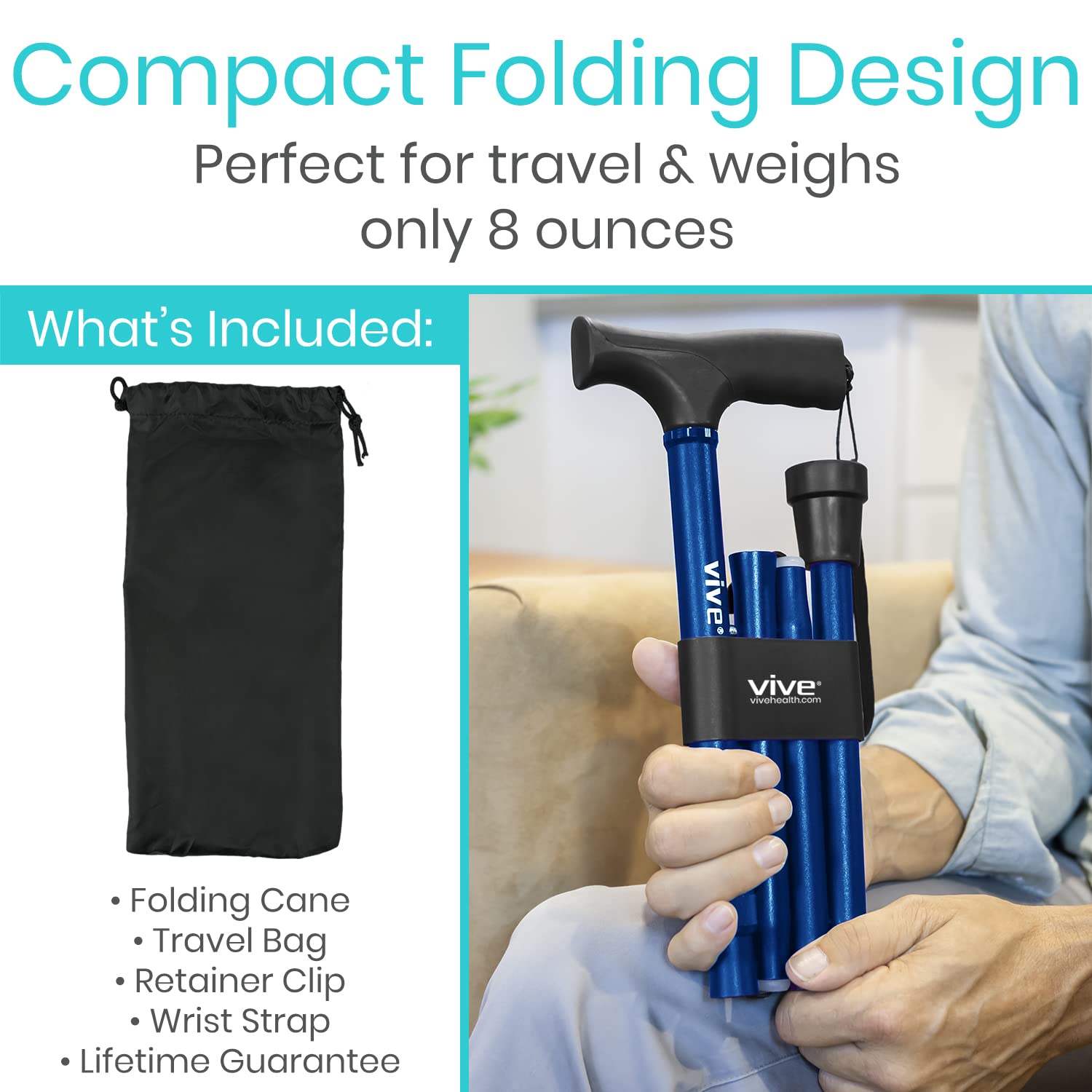 Vive Folding Cane - Foldable Walking Cane for Men, Women - Fold-up, Collapsible, Lightweight, Adjustable, Portable Hand Walking Stick - Balancing Mobility Aid - Comfortable Ergonomic Handle