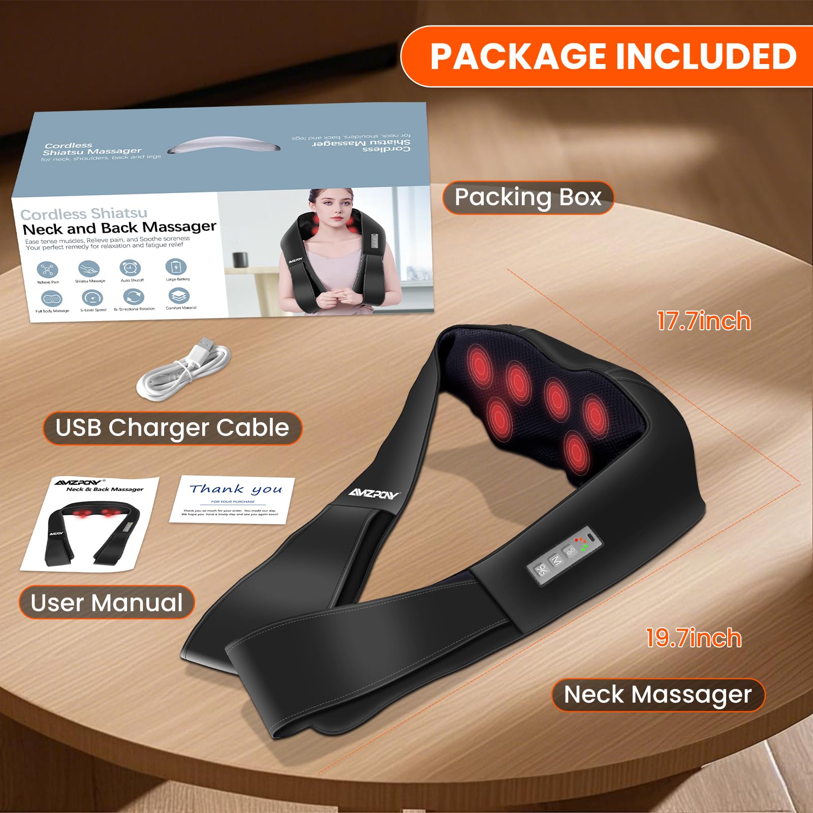 AMZPONY® Cordless Neck Massager for Pain Relief Deep Tissue, Rechargeable Shiatsu Neck and Back Massager with Heat Kneading Shoulder Massage for Body Muscle Pain Relief,Gifts for Dad Mom Friends