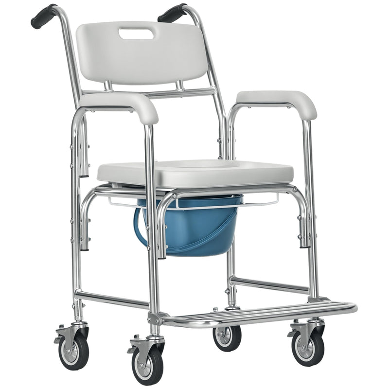 HOMCOM 3-in-1 Shower Commode Wheelchair, FSA/HSA Eligible Transport Beside Commode Chair, Waterproof Rolling Over Toilet Chair 330 lbs. Weight Capacity with Padded Seat, White