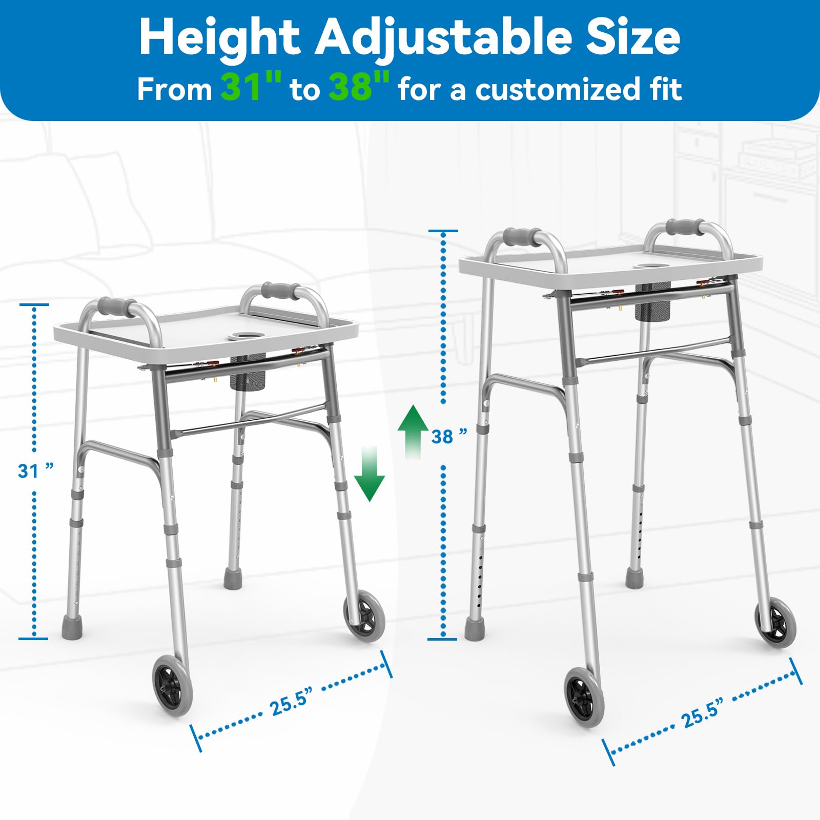 Folding Walker with 2 Skis and 5" Wheels, Lightweight Walkers for Seniors and Adults, Supports Up to 350 Pounds, Adjustable Height, Compact Standard Walker, Black