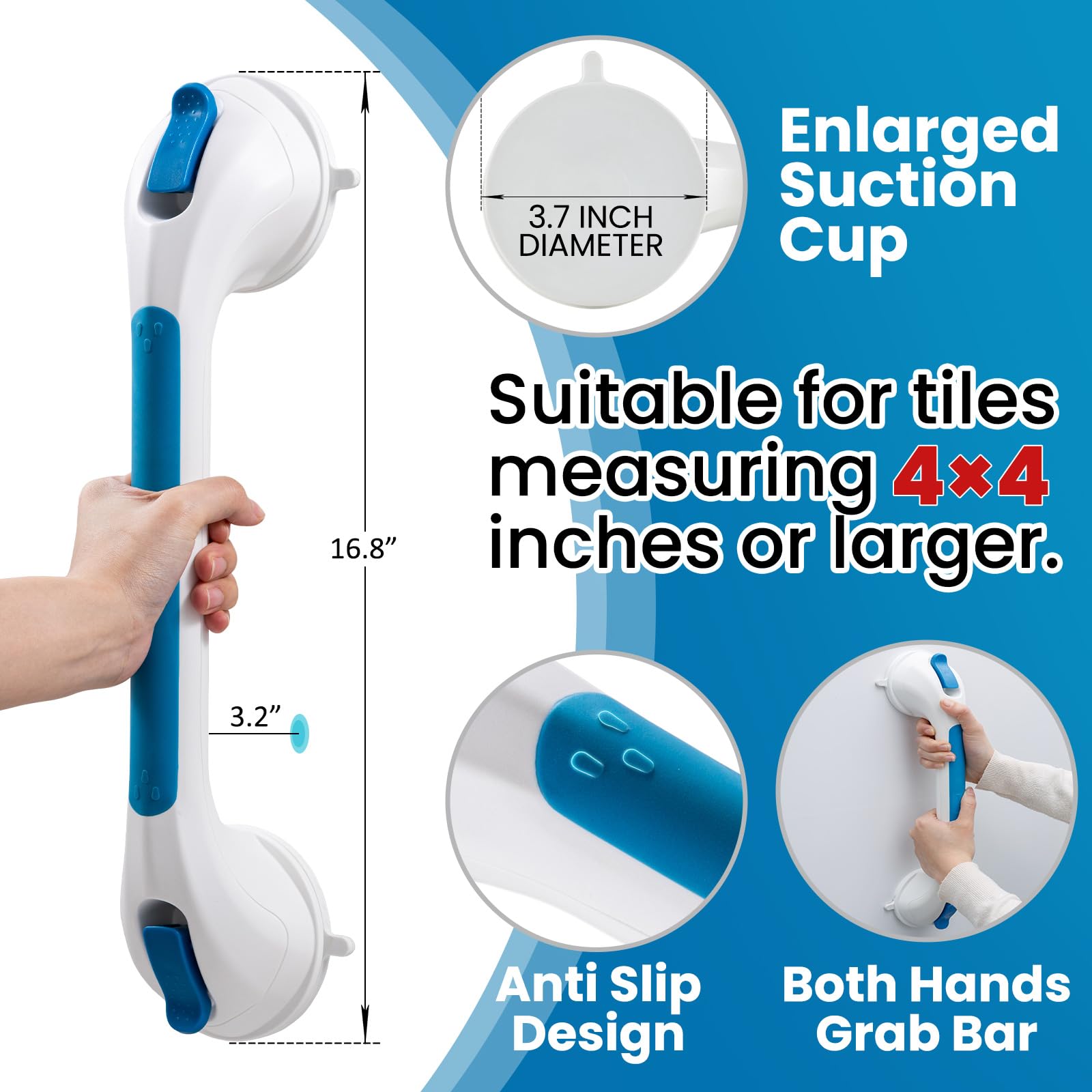 TAILI Grab Bars for Bathtubs and Showers 2 Pack Suction Grab Bar, Heavy Duty Shower Handle Removable Bath Handrails for Seniors and Elderly, Bathroom Safety Grip No Drilling Waterproof,Grey
