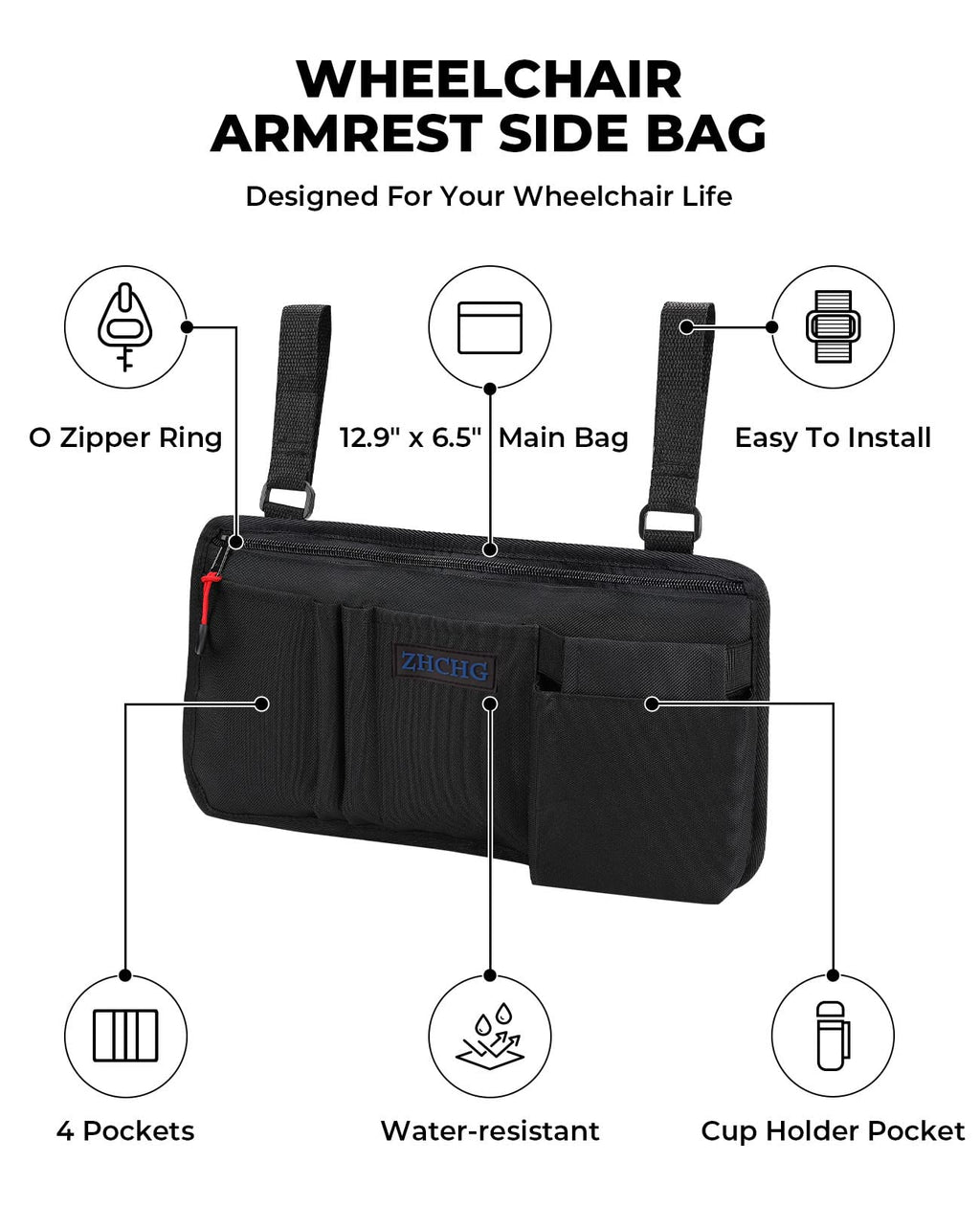 2 Pack Wheelchair Side Bag with Cup Holder, Wheelchair Armrest Pouch Accessories for Walker, Rollator, Electric Scooter Wheelchairs, Ideal Gift for Mother's Day & Father's Day