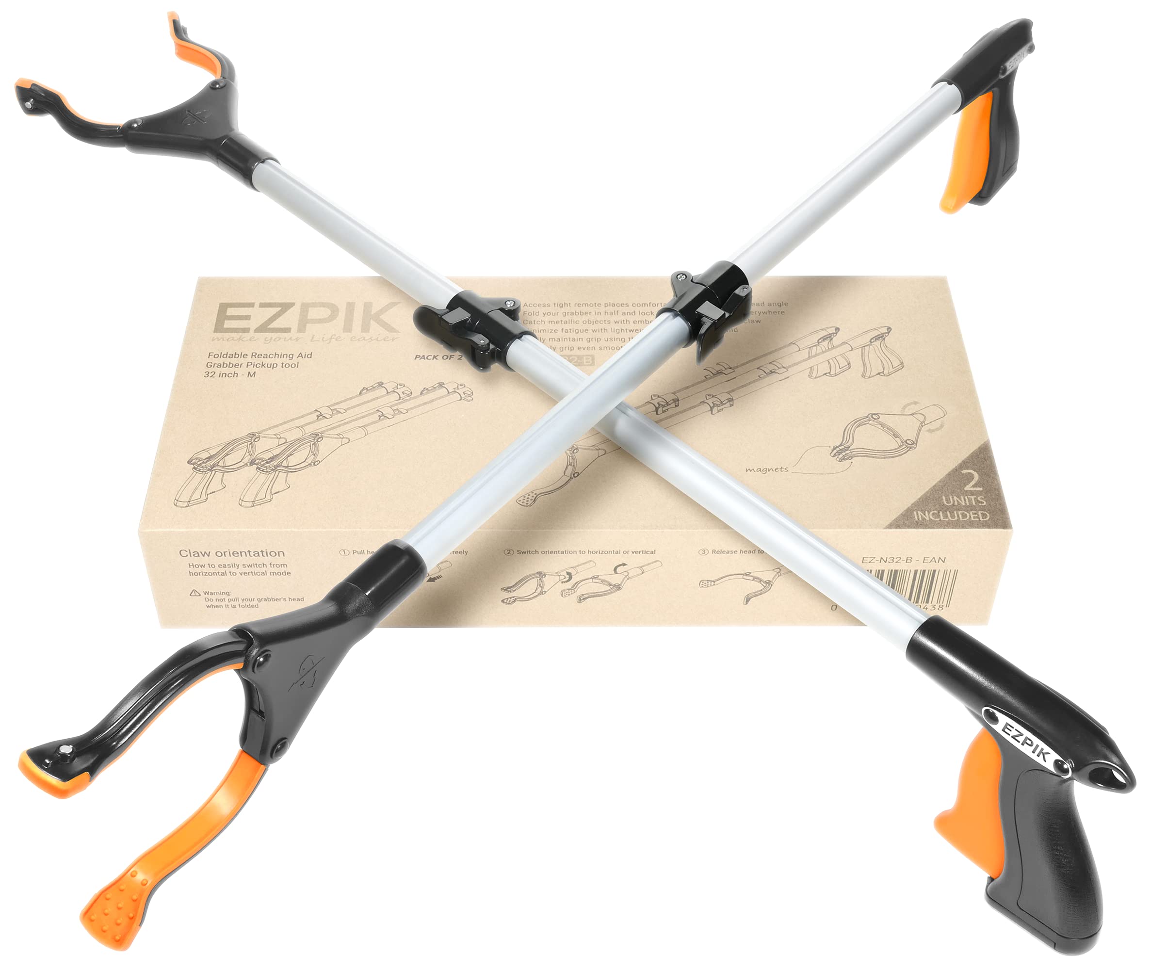 EZPIK Pro 36" Flexible Folding Grabber Tool for Elderly + Magnets, Reacher for Disabled & Seniors Heavy Duty Rotating Grippers for Reaching Underneath, Trash Grabbers & Pickers for Mobility