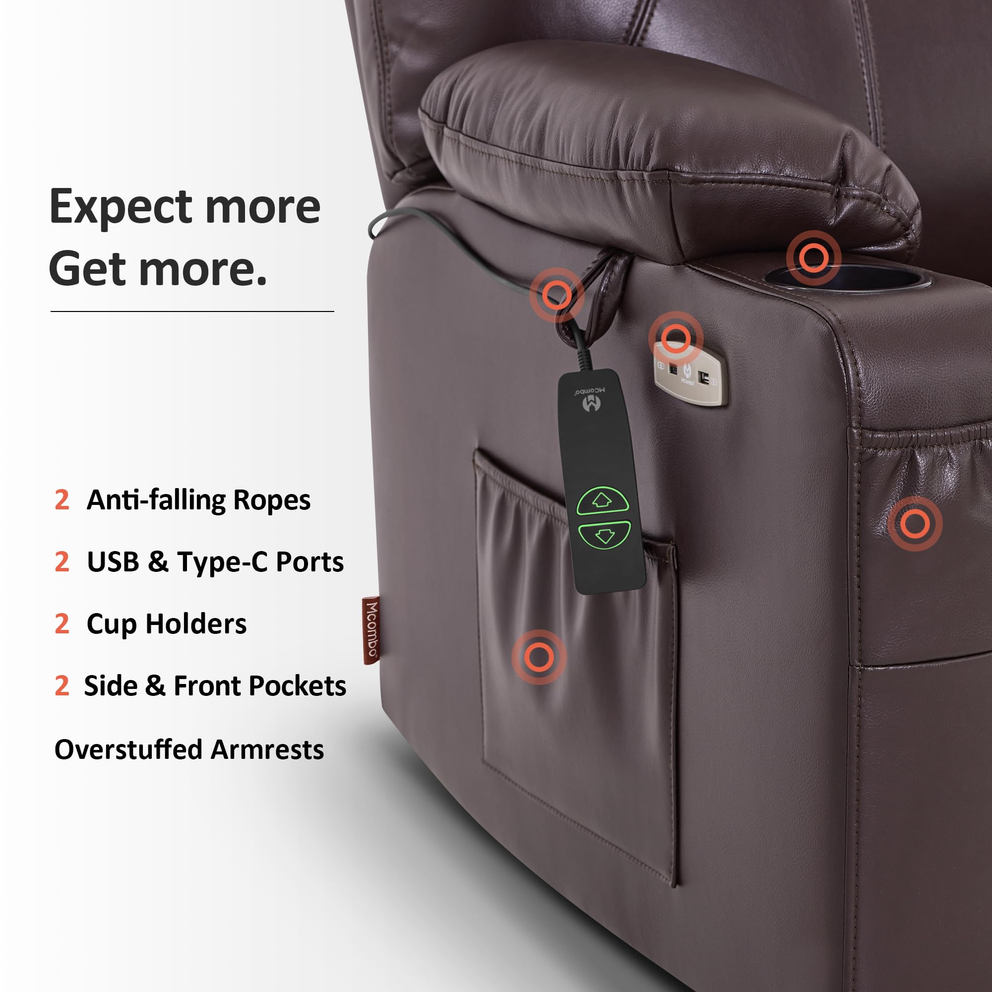 MCombo Electric Power Lift Recliner Chair Sofa with Massage and Heat for Elderly, 3 Positions, 2 Side Pockets, and Cup Holders, USB Ports, Faux Leather 7040 (Light Brown, Medium)