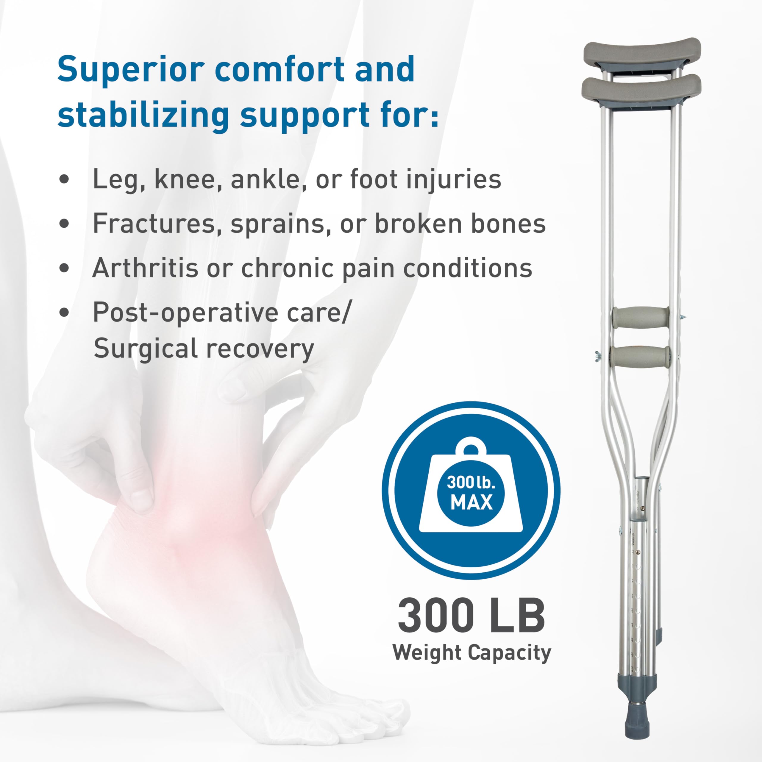 BodyMed Aluminum Crutches for Adults and Children – Pair of Lightweight, Height Adjustable Crutches – Includes Padded Underarm Cushions, Hand Grips, & Rubber Tips – Max. Weight Capacity 300 lb.