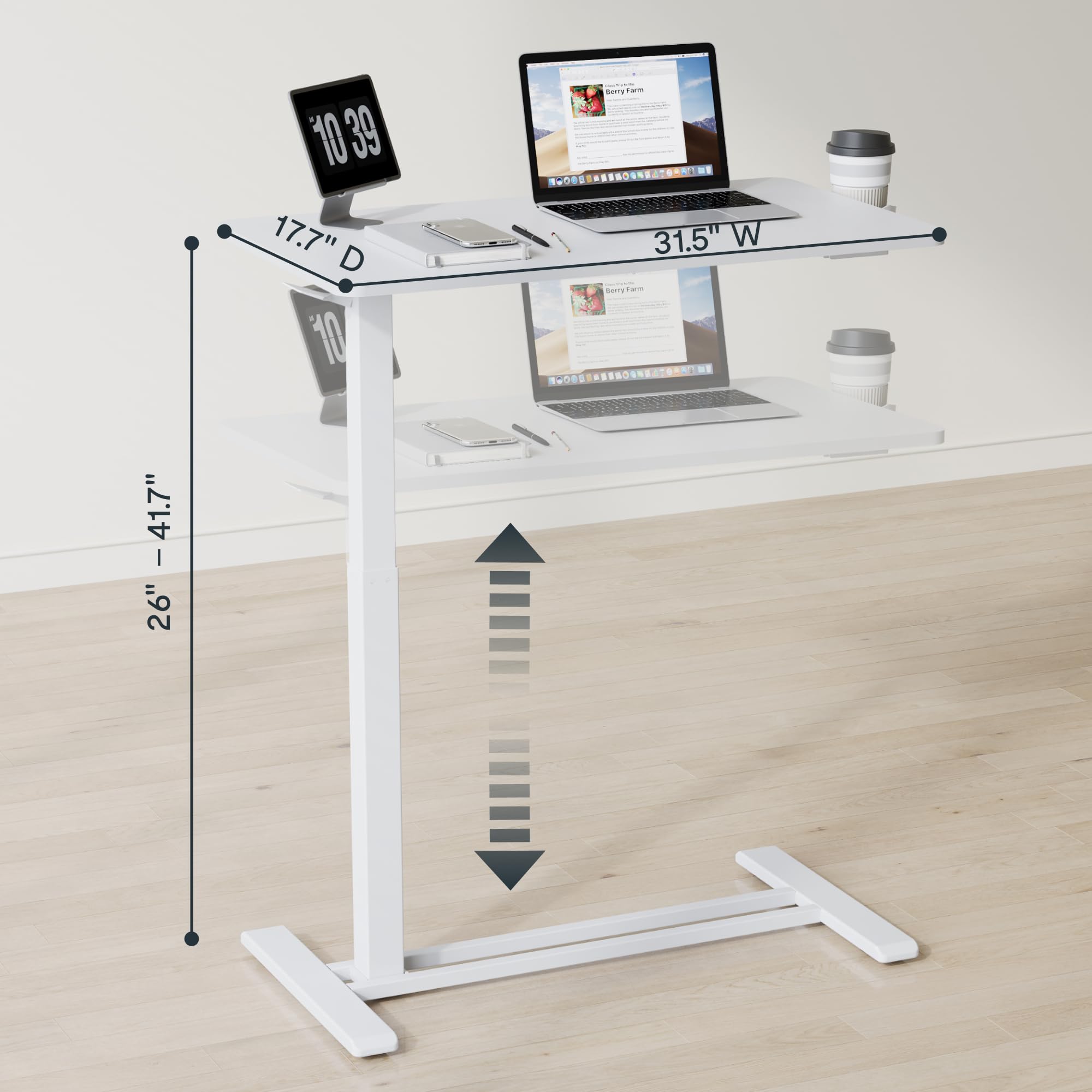 FLEXISPOT H7 Adjustable Overbed Bedside Table with Wheels Pneumatic Mobile Standing Desk Laptop Desk Rolling Computer Cart Movable Overbed Table Hospital Home Use(27.6" W x 15.7" D, White)