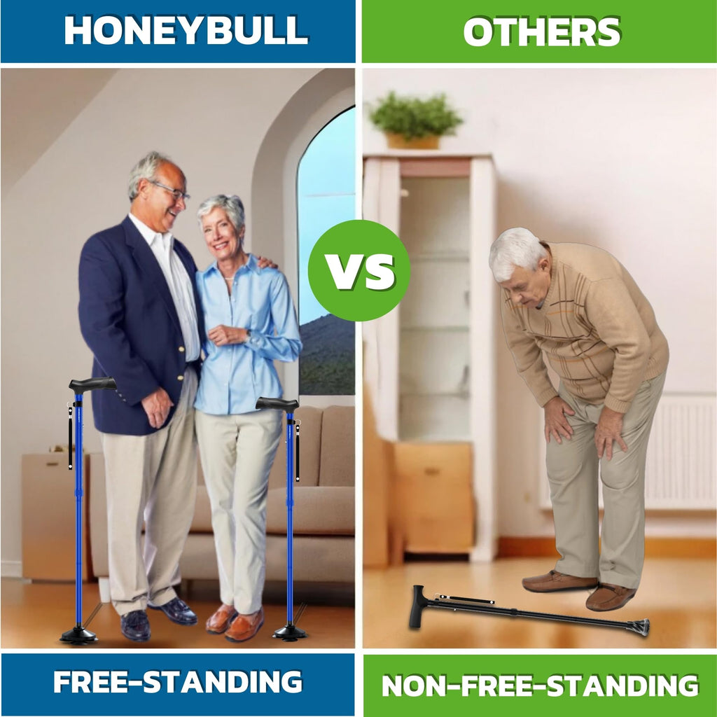 HONEYBULL Walking Cane for Men & Women - Foldable, Adjustable, Collapsible, Free Standing Cane, Pivot Tip, Heavy Duty | Walking Sticks, Folding Canes for Seniors & Adults (Black, Pivot Cane)