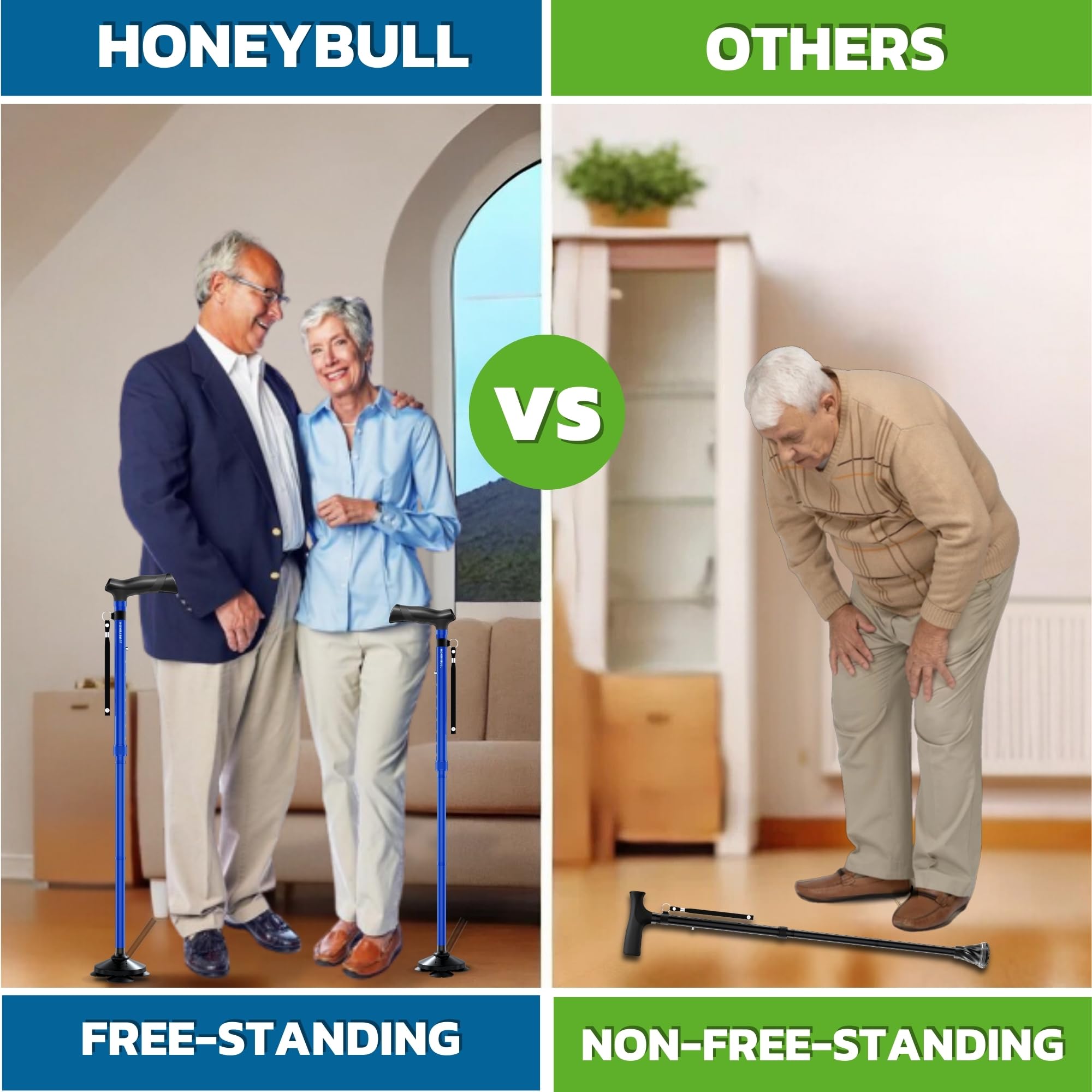 HONEYBULL Walking Cane for Men & Women - Foldable, Adjustable, Collapsible, Free Standing Cane, Pivot Tip, Heavy Duty | Walking Sticks, Folding Canes for Seniors & Adults (Black, Pivot Cane)