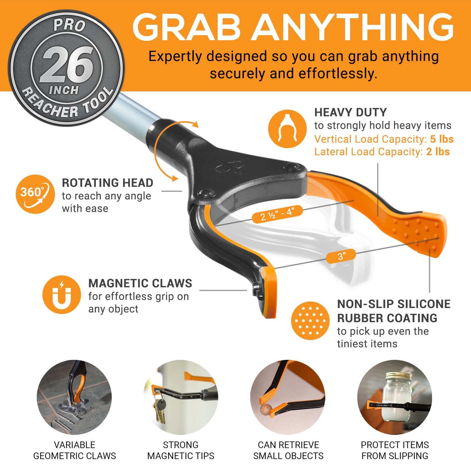 EZPIK Pro 36" Flexible Folding Grabber Tool for Elderly + Magnets, Reacher for Disabled & Seniors Heavy Duty Rotating Grippers for Reaching Underneath, Trash Grabbers & Pickers for Mobility
