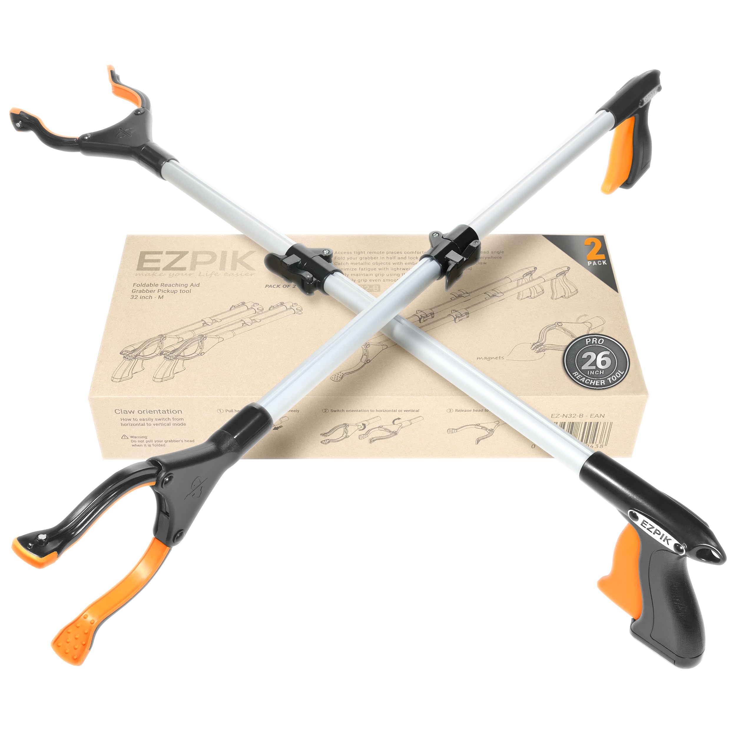EZPIK Pro 36" Flexible Folding Grabber Tool for Elderly + Magnets, Reacher for Disabled & Seniors Heavy Duty Rotating Grippers for Reaching Underneath, Trash Grabbers & Pickers for Mobility