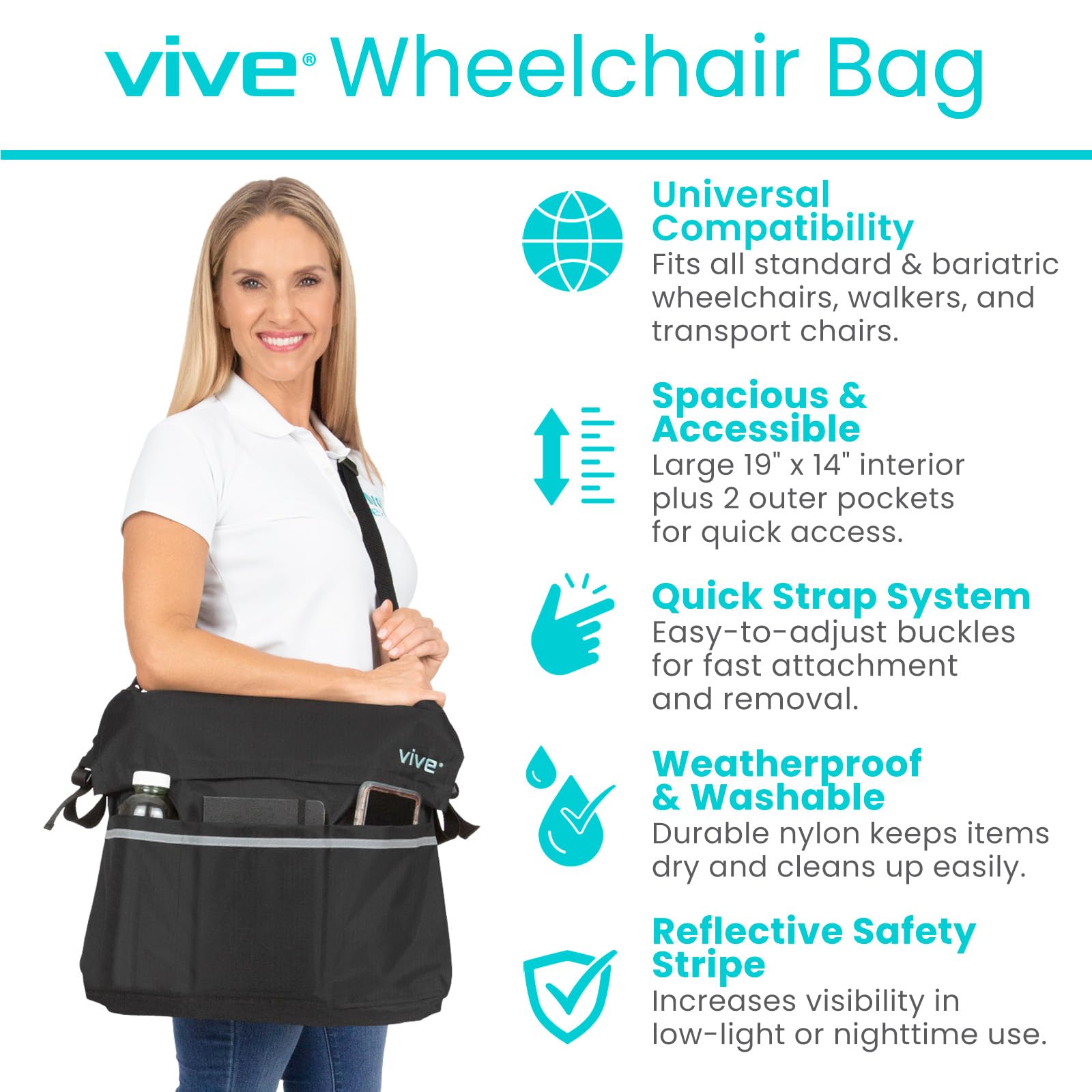 Vive XL Wheelchair Bag - Waterproof, Scratch-Resistant, Double-Stitched, Machine Washable Accessory for Adults, Seniors, 15 Colors - Storage Walker Backpack to Hang on Back of Wheel Chair