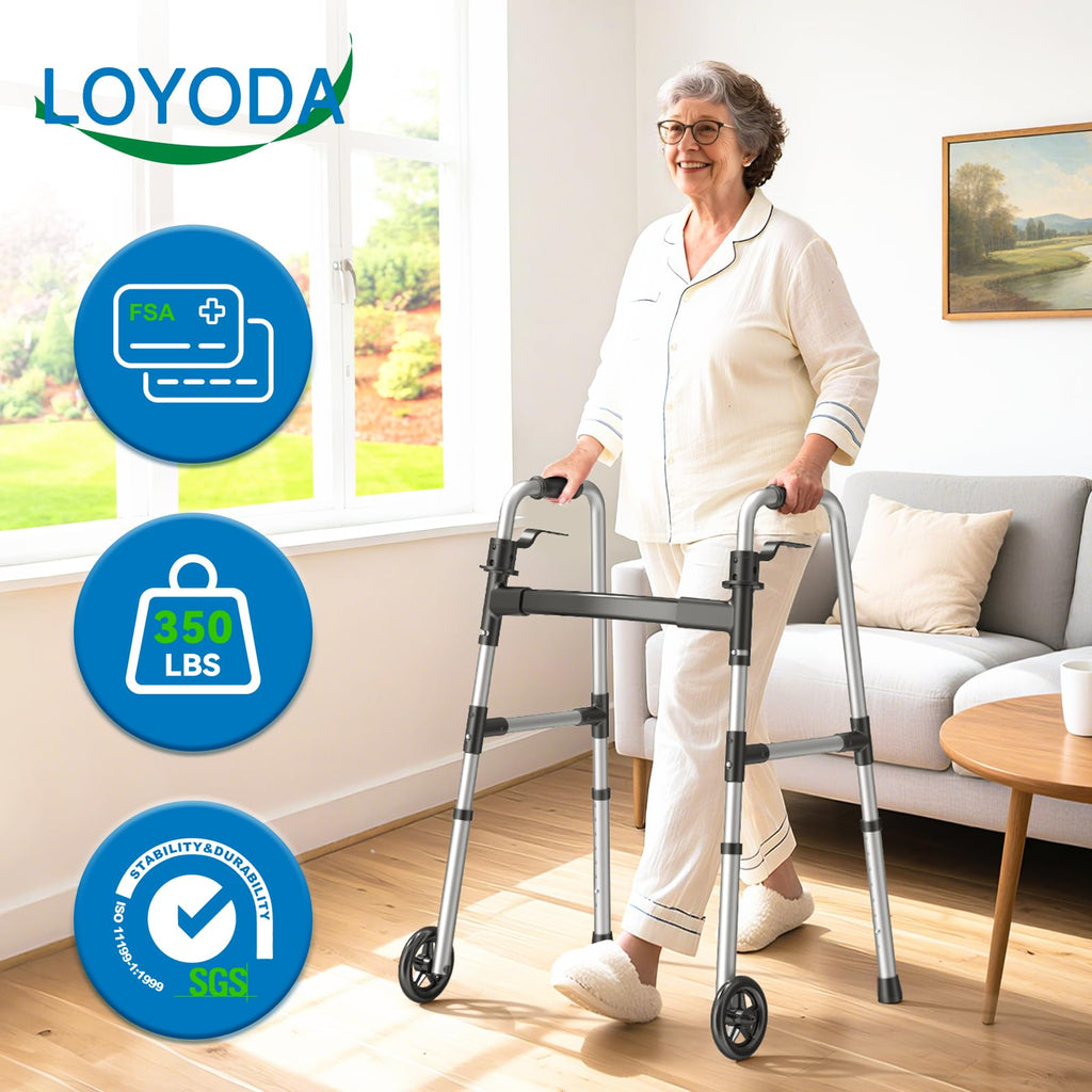 Folding Walker with 2 Skis and 5" Wheels, Lightweight Walkers for Seniors and Adults, Supports Up to 350 Pounds, Adjustable Height, Compact Standard Walker, Black