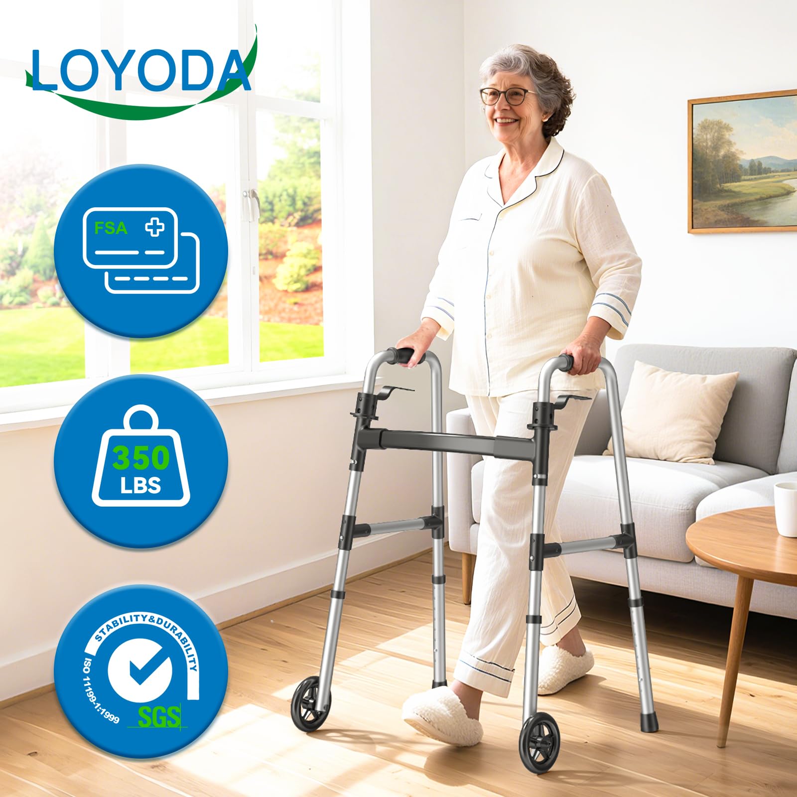 Folding Walker with 2 Skis and 5" Wheels, Lightweight Walkers for Seniors and Adults, Supports Up to 350 Pounds, Adjustable Height, Compact Standard Walker, Black