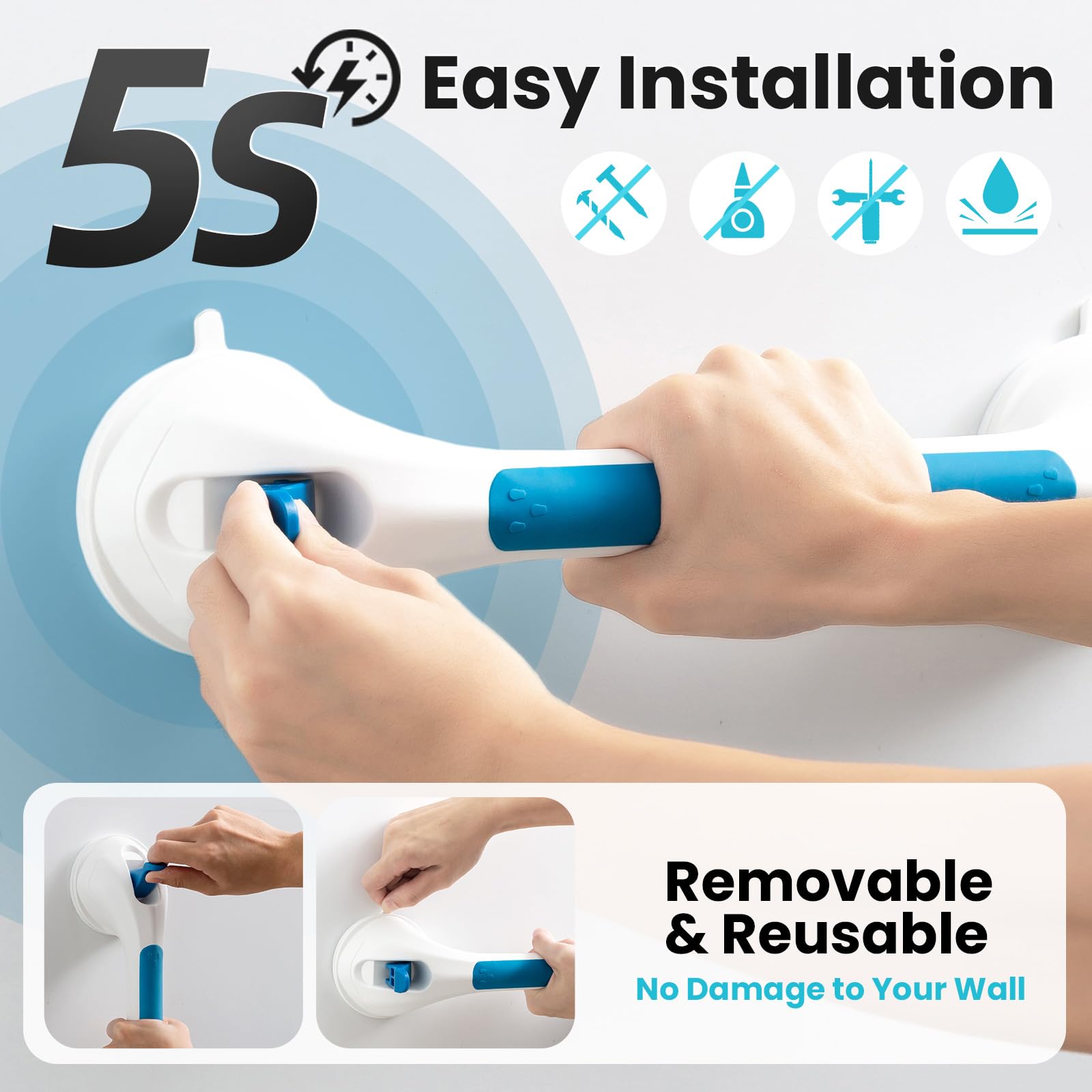 TAILI Grab Bars for Bathtubs and Showers 2 Pack Suction Grab Bar, Heavy Duty Shower Handle Removable Bath Handrails for Seniors and Elderly, Bathroom Safety Grip No Drilling Waterproof,Grey