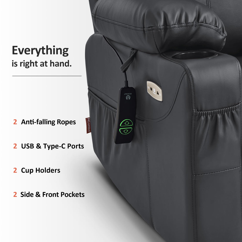 MCombo Electric Power Lift Recliner Chair Sofa with Massage and Heat for Elderly, 3 Positions, 2 Side Pockets, and Cup Holders, USB Ports, Faux Leather 7040 (Light Brown, Medium)