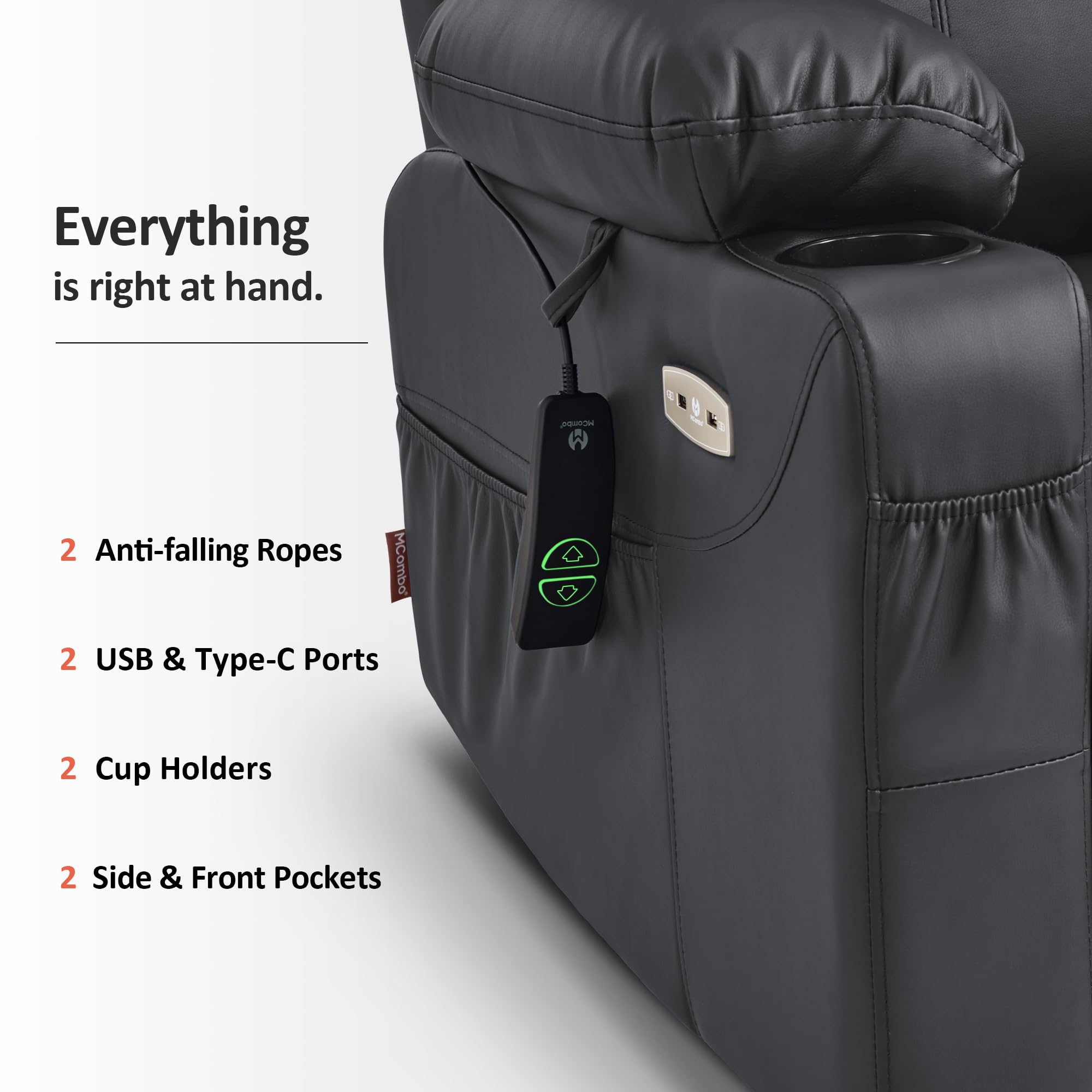 MCombo Electric Power Lift Recliner Chair Sofa with Massage and Heat for Elderly, 3 Positions, 2 Side Pockets, and Cup Holders, USB Ports, Faux Leather 7040 (Light Brown, Medium)