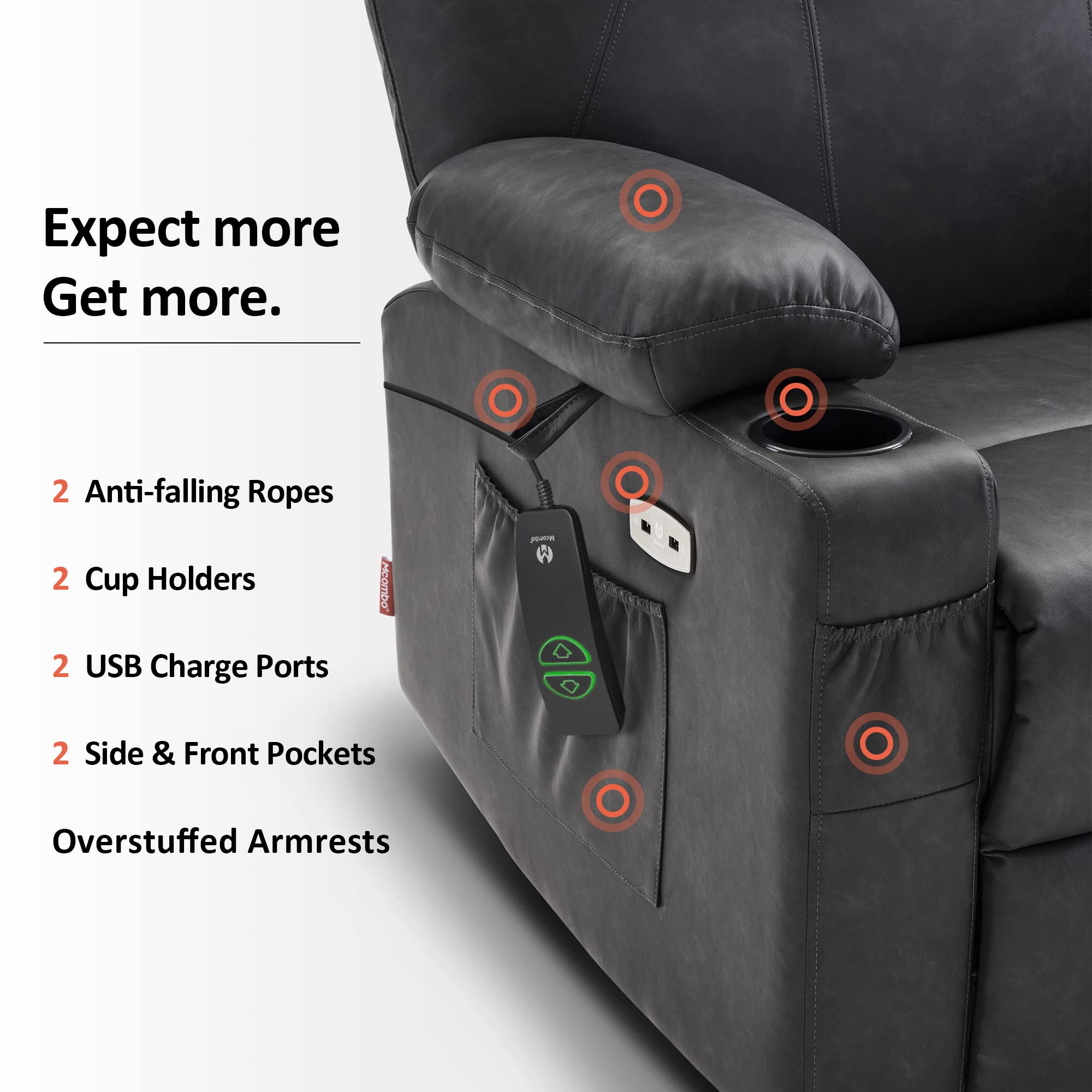 MCombo Electric Power Lift Recliner Chair Sofa with Massage and Heat for Elderly, 3 Positions, 2 Side Pockets, and Cup Holders, USB Ports, Faux Leather 7040 (Light Brown, Medium)