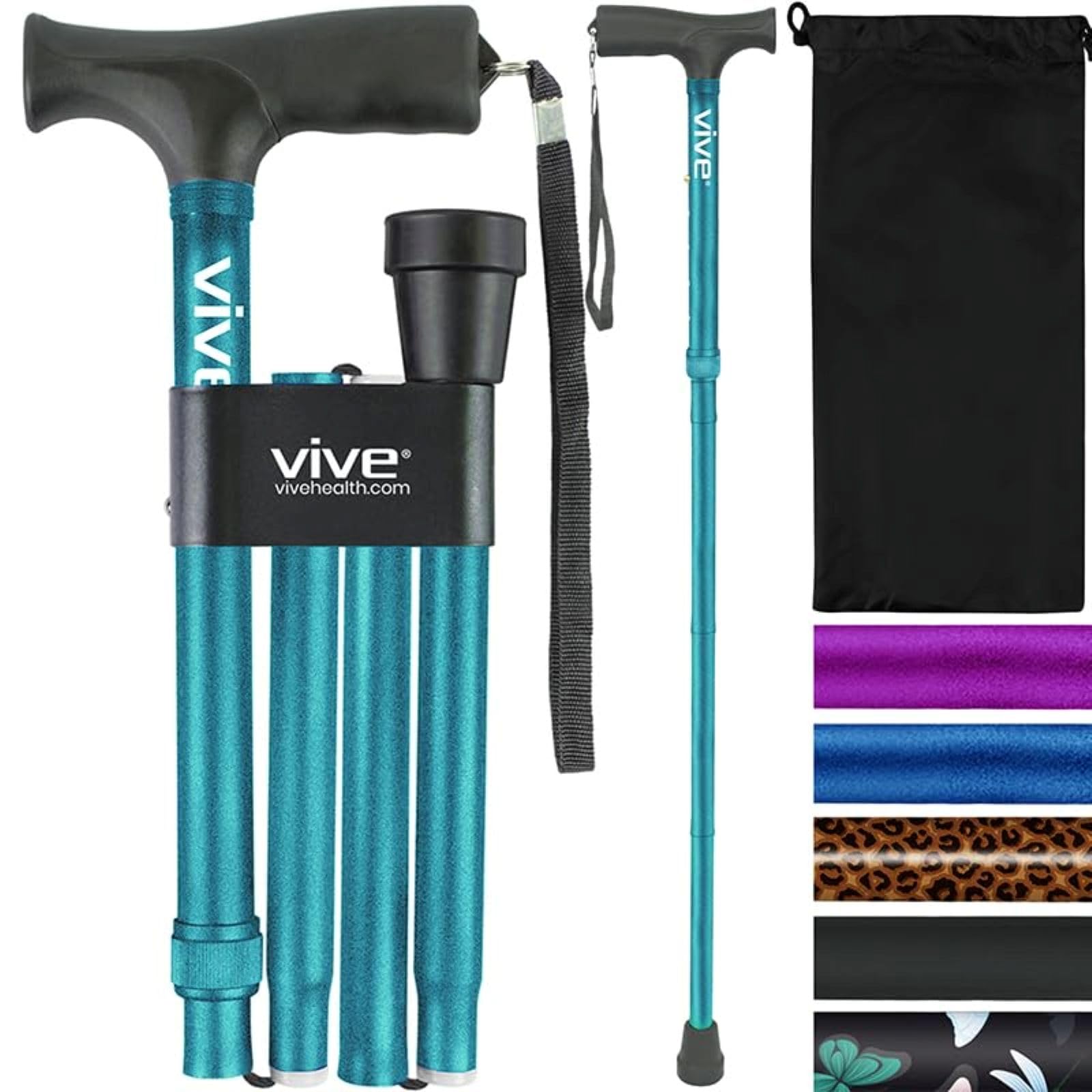 Vive Folding Cane - Foldable Walking Cane for Men, Women - Fold-up, Collapsible, Lightweight, Adjustable, Portable Hand Walking Stick - Balancing Mobility Aid - Comfortable Ergonomic Handle