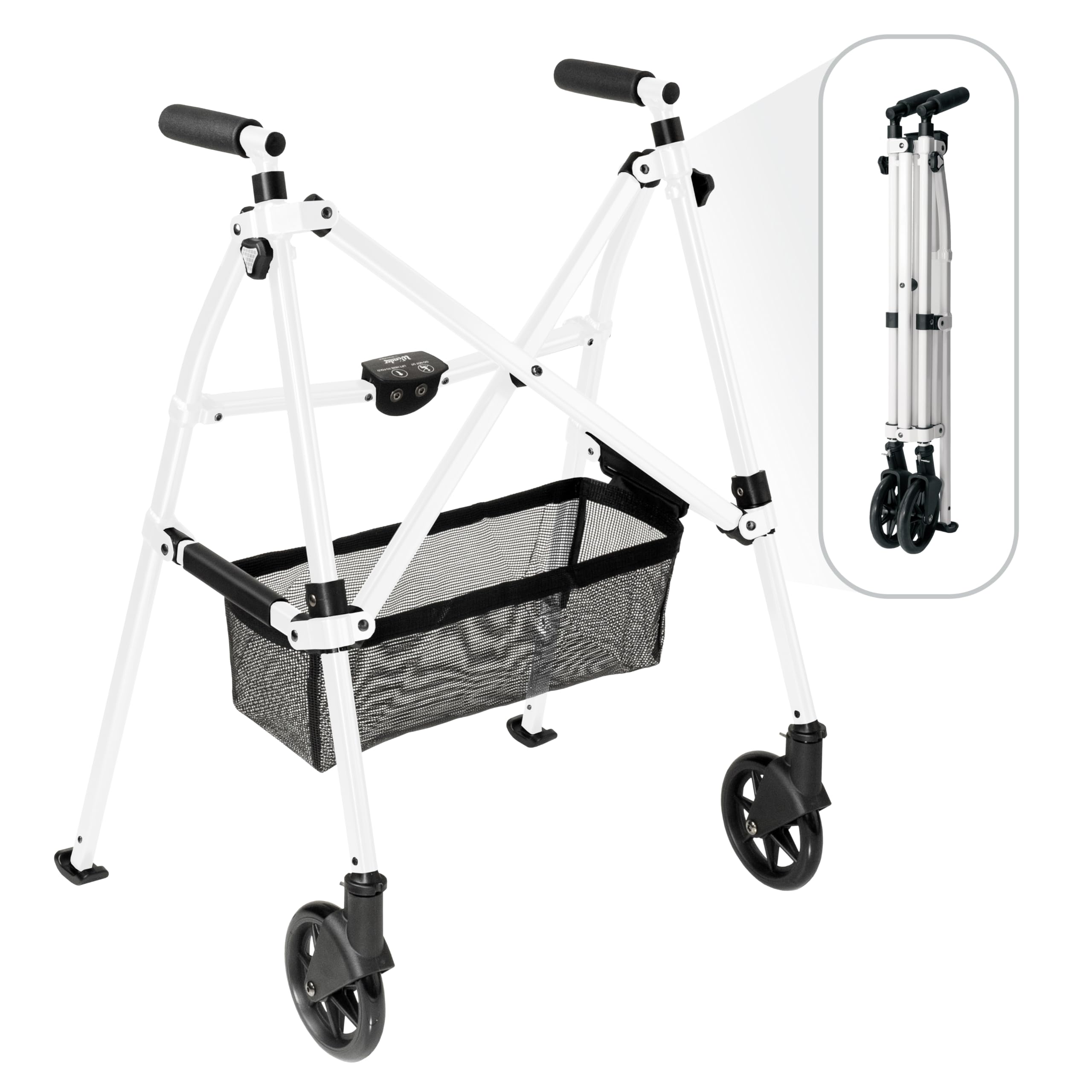 Stander Wonder Walker Plus, Lightweight Folding Mobility Aid for Adults, Seniors, and Elderly, Collapsible Travel EZ Fold-N-Go with Wheels, Glides, & Basket, Black Walnut