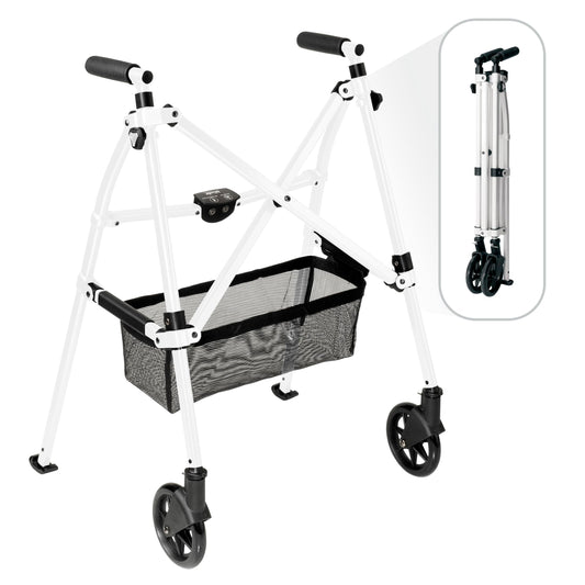 Stander Wonder Walker Plus, Lightweight Folding Mobility Aid for Adults, Seniors, and Elderly, Collapsible Travel EZ Fold-N-Go with Wheels, Glides, & Basket, Black Walnut