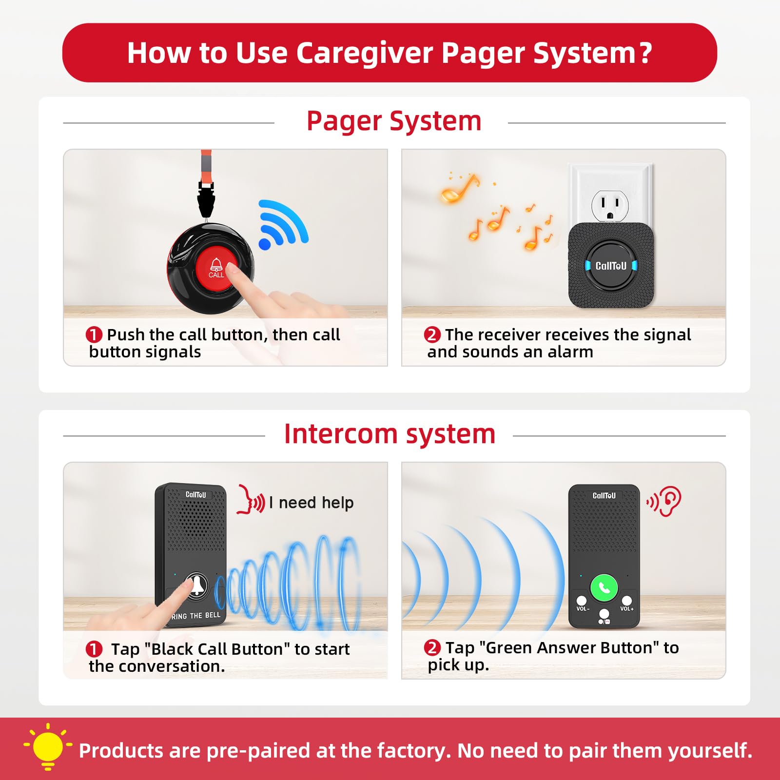 CallToU Caregiver Pager Wireless Call Bell Alert Button for Seniors/Elderly/Patients 1 Plugin Receiver 1 Waterproof Transmitter
