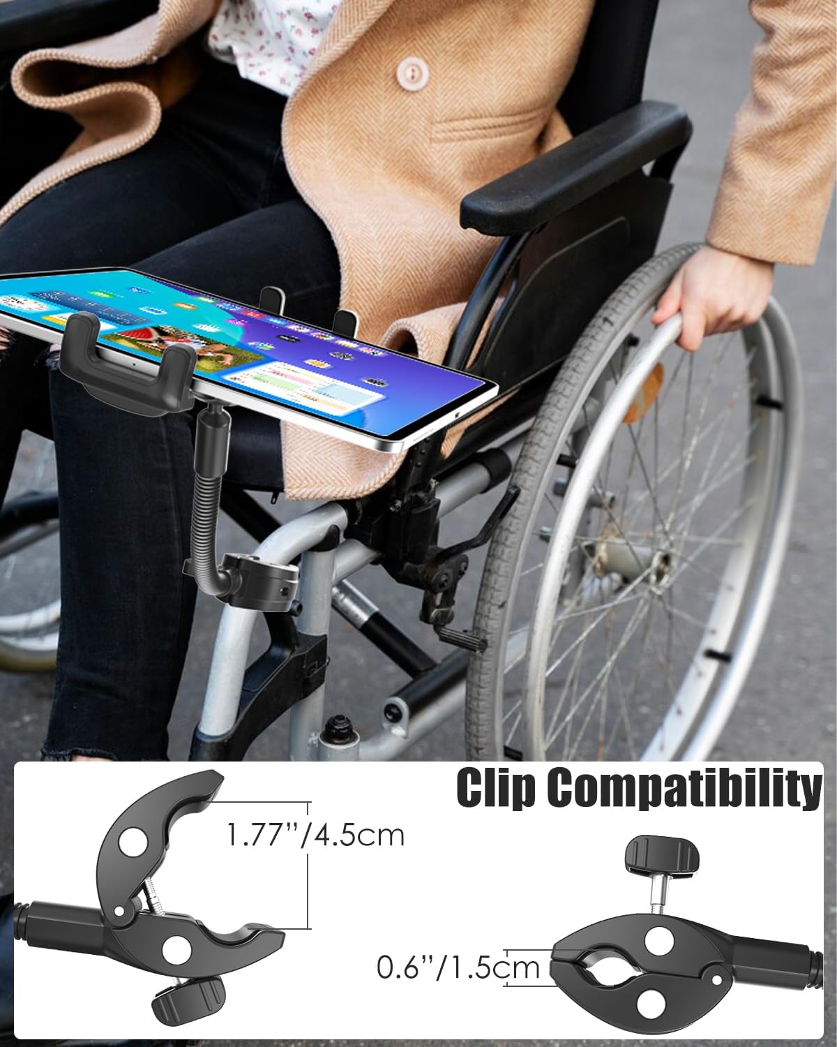 Charchendo Tablet Holder for Wheelchair Handle, Wheelchair Phone Tablet Mount with 9.45" Aluminum Arm 360° Rotation Adjustment Compatible with 4-13'' iPad Pro/Air/Mini, iPhones, Galaxy Z, E-Book