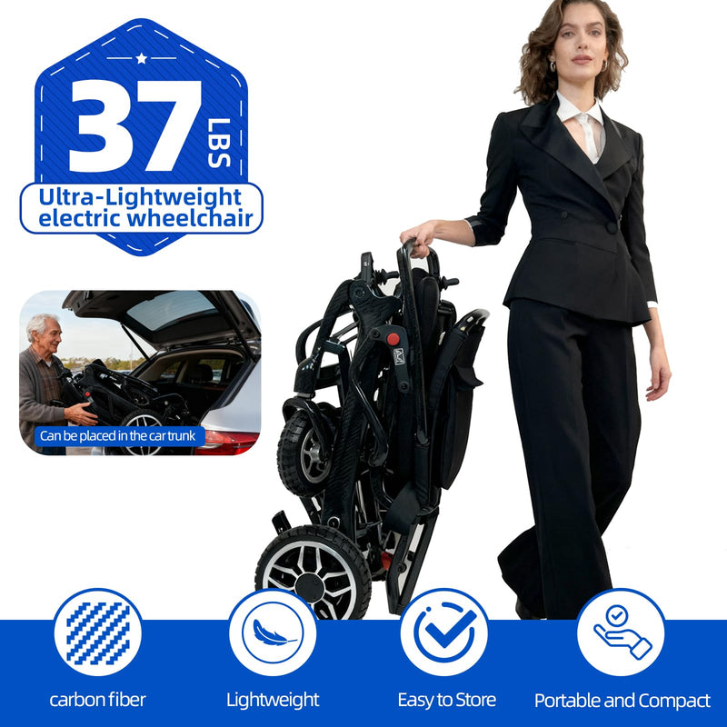𝟐𝟔 𝐏𝐨𝐮𝐧𝐝𝐬 𝐂𝐚𝐫𝐛𝐨𝐧 𝐅𝐢𝐛𝐞𝐫 Electric Wheelchairs for Adults, 𝐔𝐥𝐭𝐫𝐚𝐥𝐢𝐠𝐡𝐭 𝐅𝐨𝐥𝐝𝐚𝐛𝐥𝐞 All Terrain Power Wheelchair, 300W Dual Motors Support 250 LBS