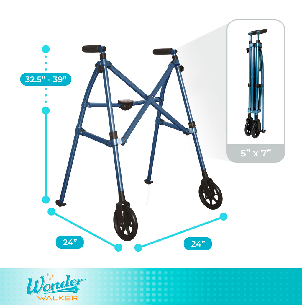 Stander Space Saver Walker, Lightweight Folding Rolling Mobility Aid for Seniors & Adults, Compact 2-Wheel Disability Device with 6-inch Wheels & Ski Glides for Walking Support, Cobalt Blue