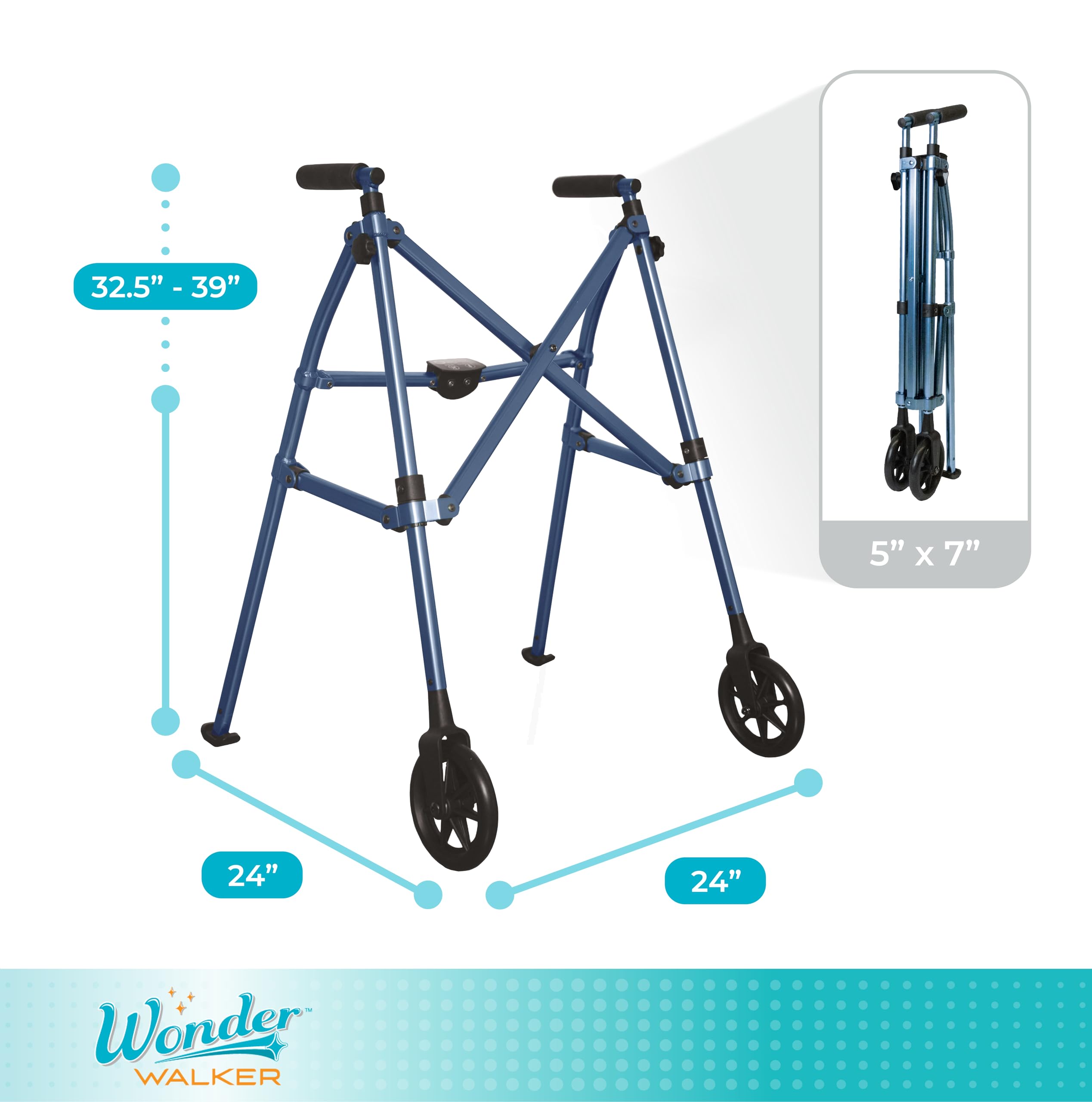 Stander Space Saver Walker, Lightweight Folding Rolling Mobility Aid for Seniors & Adults, Compact 2-Wheel Disability Device with 6-inch Wheels & Ski Glides for Walking Support, Cobalt Blue