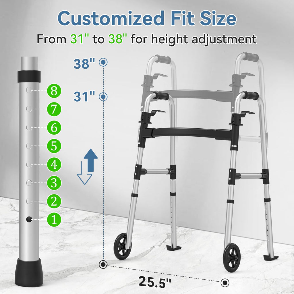 Folding Walker with 2 Skis and 5" Wheels, Lightweight Walkers for Seniors and Adults, Supports Up to 350 Pounds, Adjustable Height, Compact Standard Walker, Black