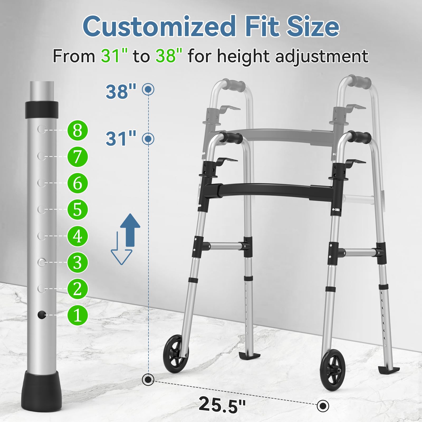 Folding Walker with 2 Skis and 5" Wheels, Lightweight Walkers for Seniors and Adults, Supports Up to 350 Pounds, Adjustable Height, Compact Standard Walker, Black