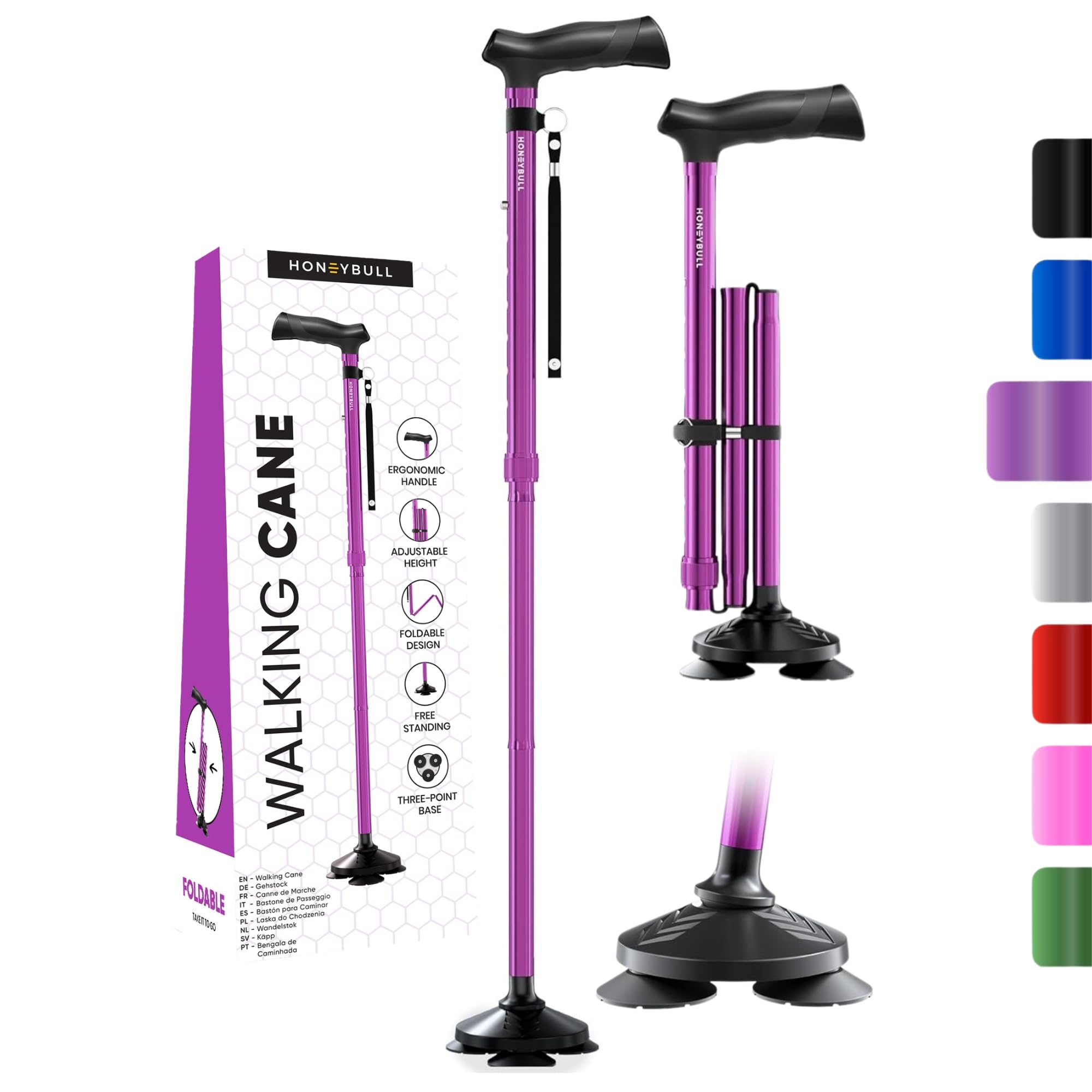 HONEYBULL Walking Cane for Men & Women - Foldable, Adjustable, Collapsible, Free Standing Cane, Pivot Tip, Heavy Duty | Walking Sticks, Folding Canes for Seniors & Adults (Black, Pivot Cane)