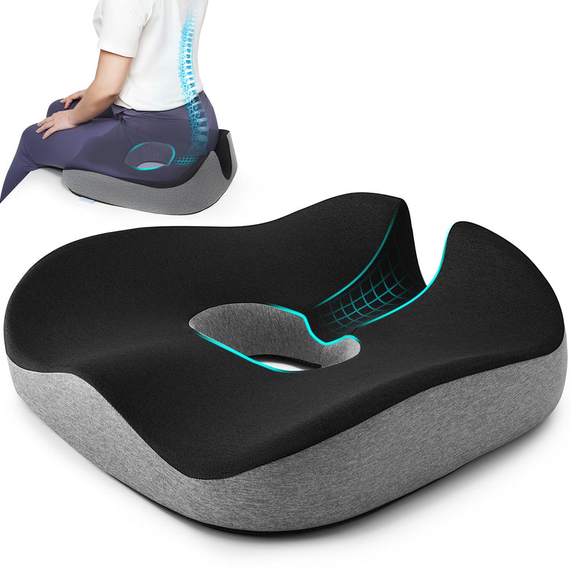 Concave U Surface Donut Pillow for Tailbone Pain Cradle Tailbone Reducing Pressure on Pelvis- Hemorrhoid Pillow for Office, Car, Home Seat- Black/Gray