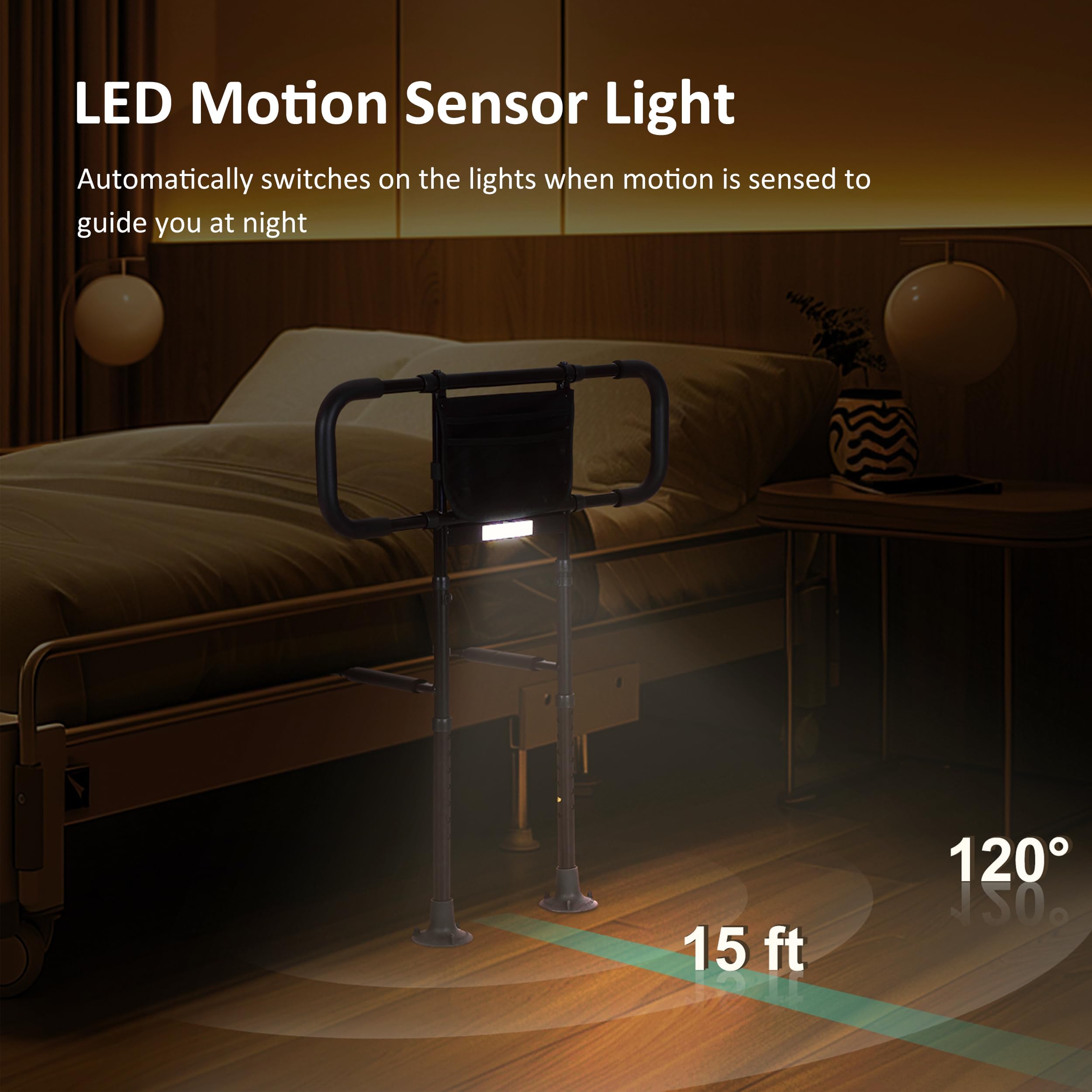 Bed Rails for Elderly Adults Safety - Elderly Assistance Products, Bedrails for Rlderly Adults Grab Bar Bed Handrails, Bed Rail with Pocket, Motion Sensor Light Fits King, Queen, Full, Twin (Black)