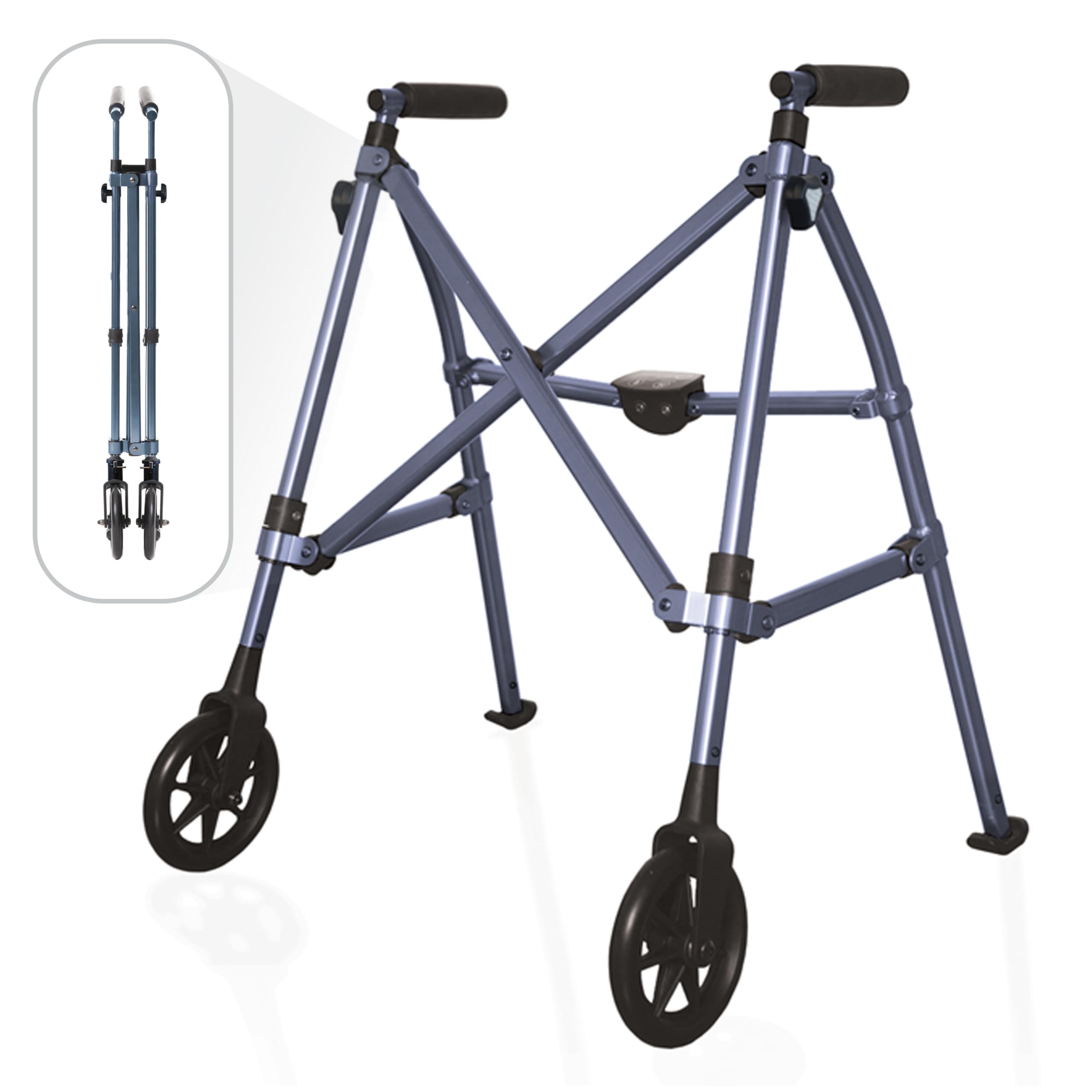 Stander Space Saver Walker, Lightweight Folding Rolling Mobility Aid for Seniors & Adults, Compact 2-Wheel Disability Device with 6-inch Wheels & Ski Glides for Walking Support, Cobalt Blue