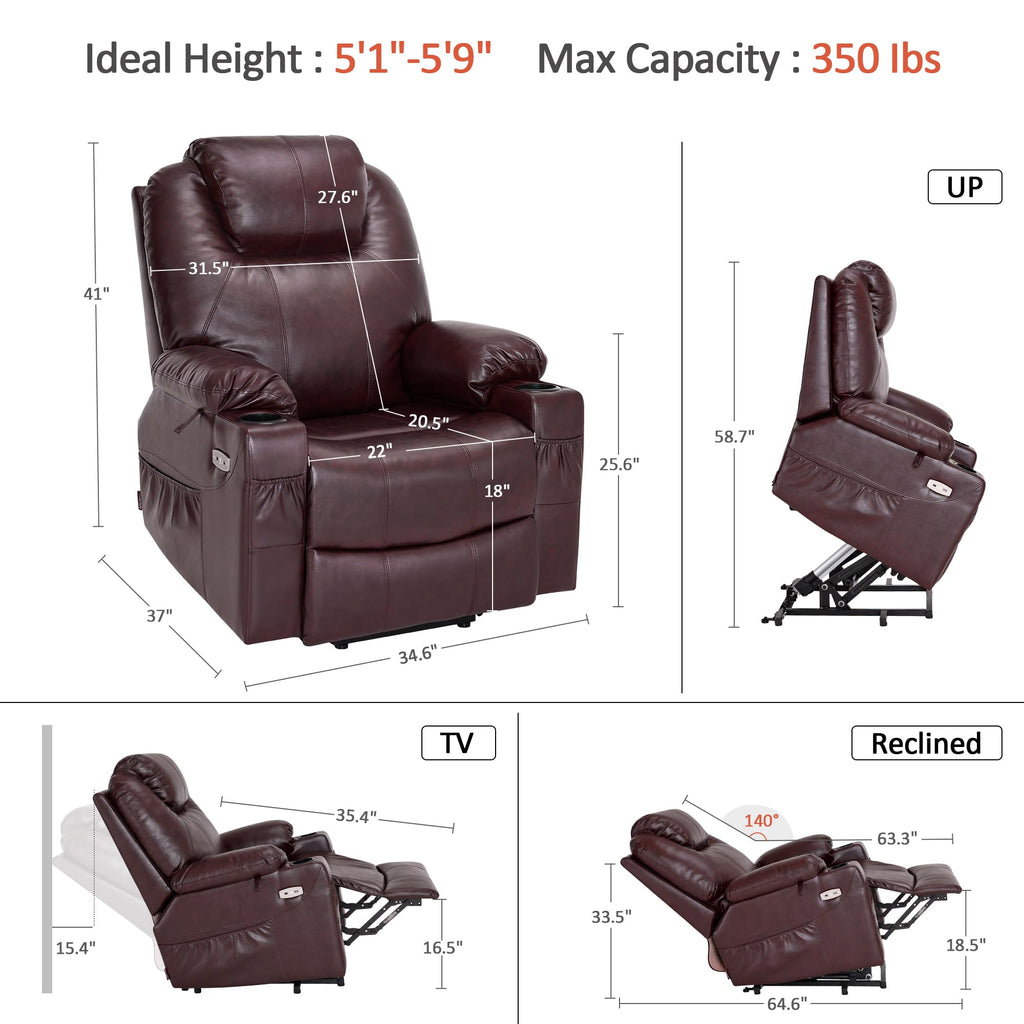 MCombo Electric Power Lift Recliner Chair Sofa with Massage and Heat for Elderly, 3 Positions, 2 Side Pockets, and Cup Holders, USB Ports, Faux Leather 7040 (Light Brown, Medium)