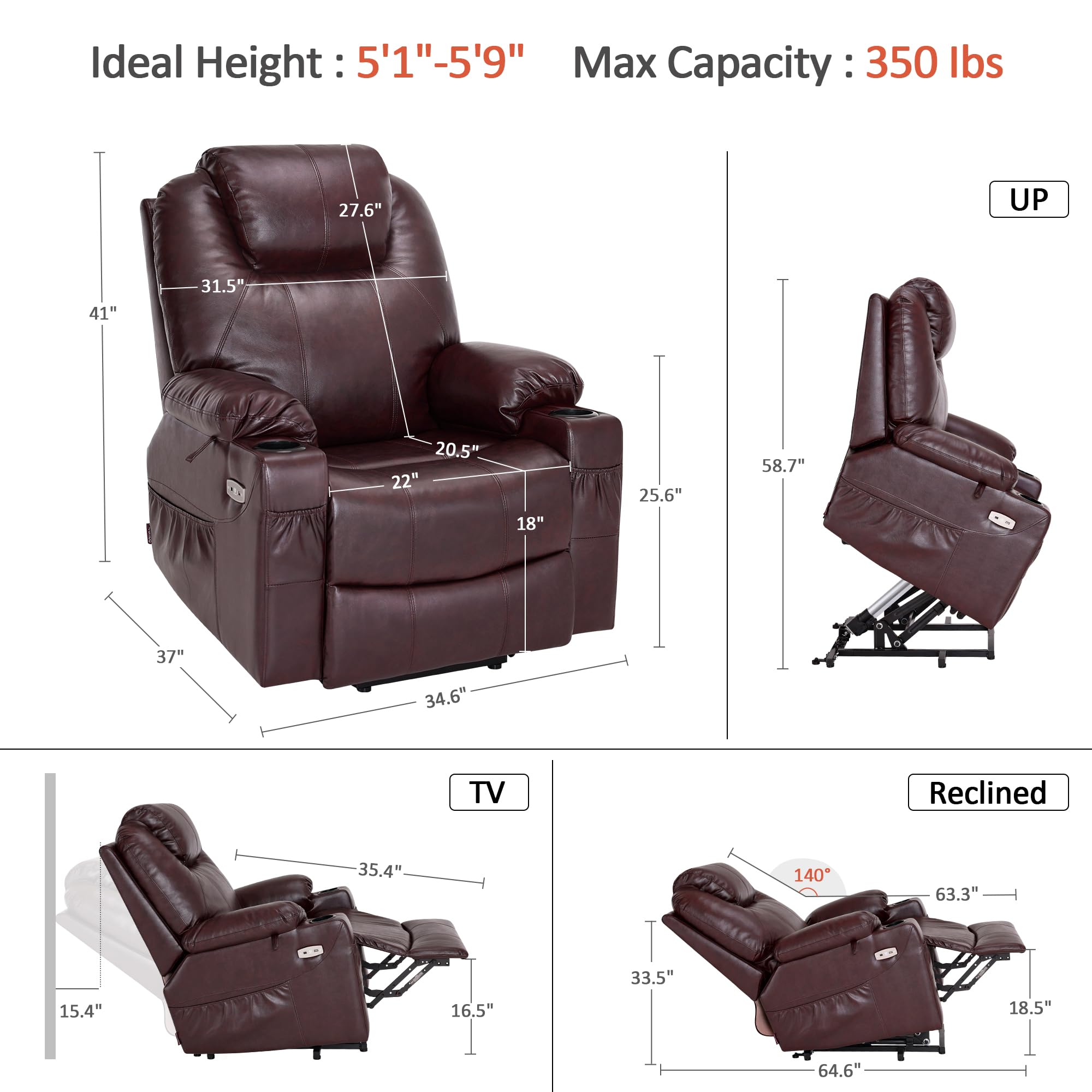 MCombo Electric Power Lift Recliner Chair Sofa with Massage and Heat for Elderly, 3 Positions, 2 Side Pockets, and Cup Holders, USB Ports, Faux Leather 7040 (Light Brown, Medium)