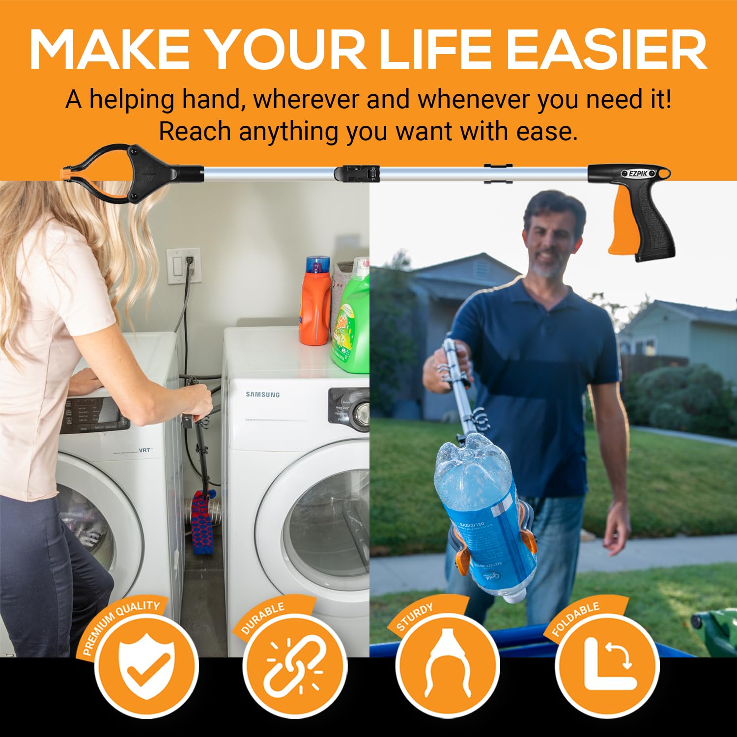 EZPIK Pro 36" Flexible Folding Grabber Tool for Elderly + Magnets, Reacher for Disabled & Seniors Heavy Duty Rotating Grippers for Reaching Underneath, Trash Grabbers & Pickers for Mobility