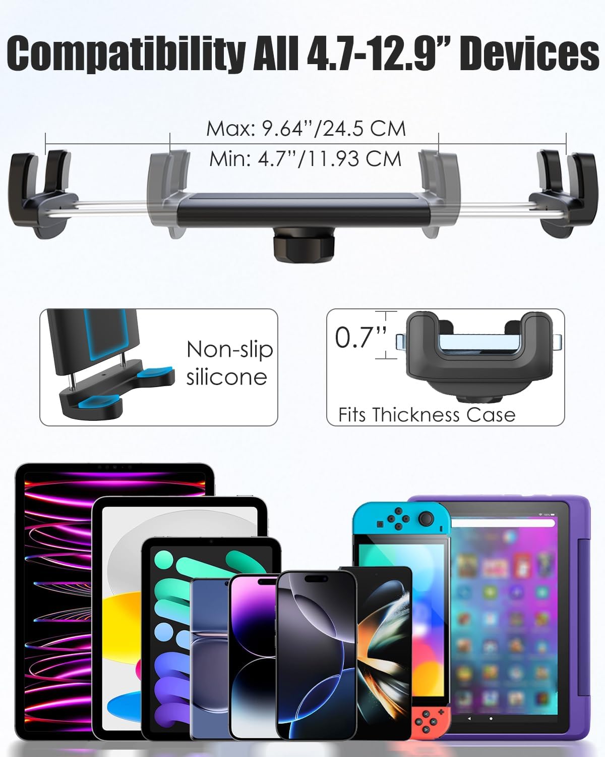 Charchendo Tablet Holder for Wheelchair Handle, Wheelchair Phone Tablet Mount with 9.45" Aluminum Arm 360° Rotation Adjustment Compatible with 4-13'' iPad Pro/Air/Mini, iPhones, Galaxy Z, E-Book