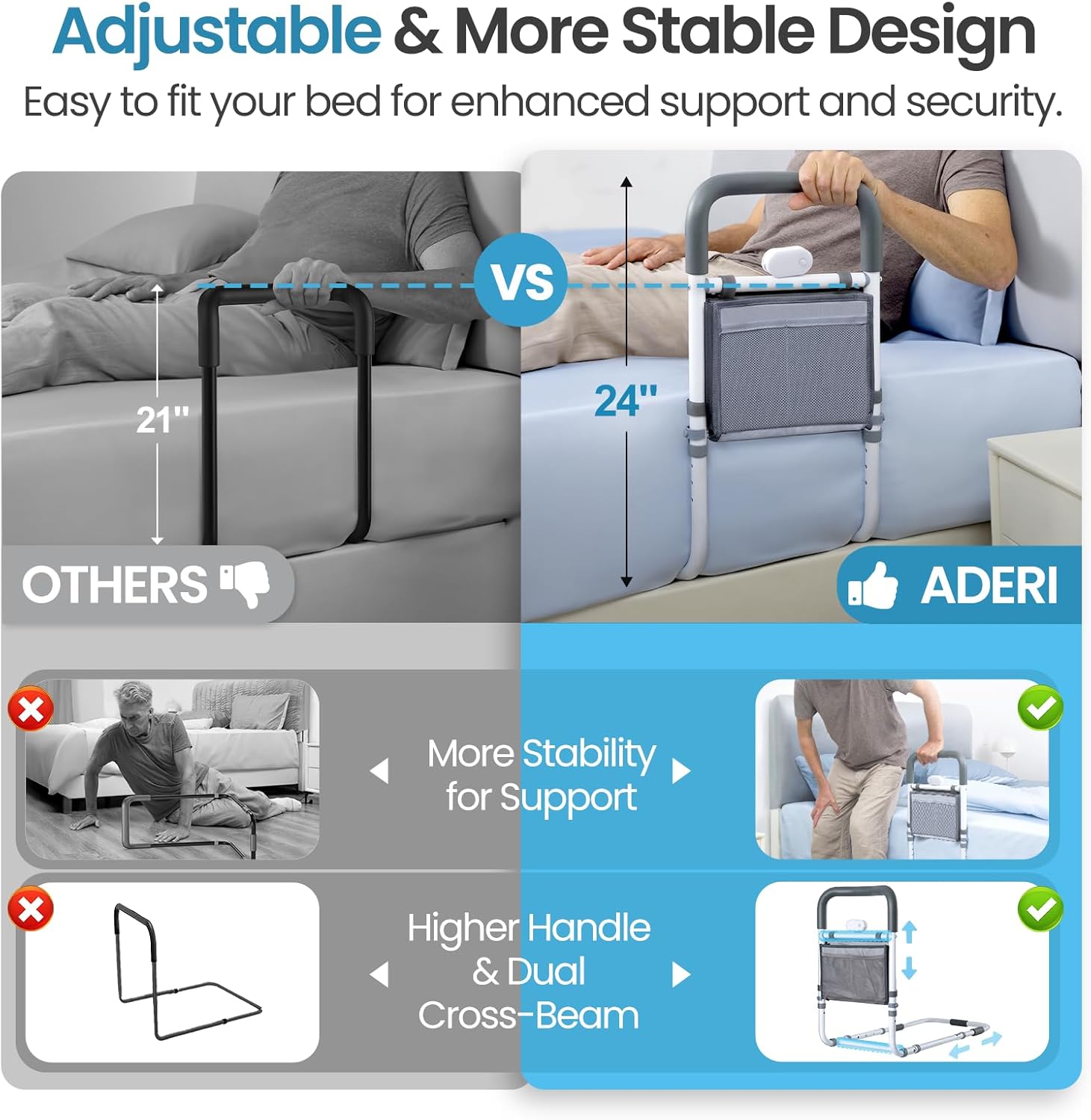 Adjustable Bed Rails for Elderly Adults with Night Light & Bag, Bed Assist Rail with Double Crossbar, Bed Railings Protects Seniors from Falling