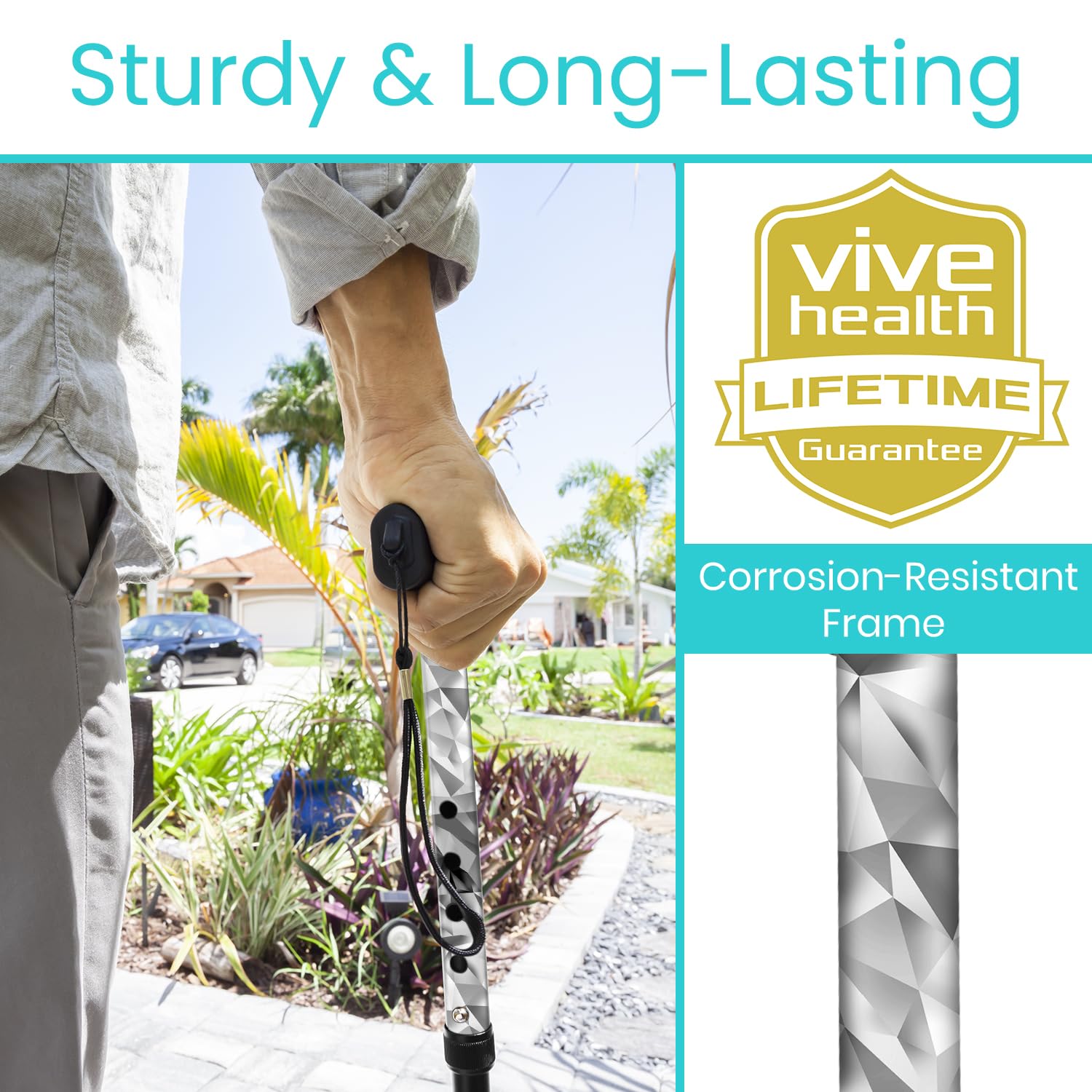 Vive Folding Cane - Foldable Walking Cane for Men, Women - Fold-up, Collapsible, Lightweight, Adjustable, Portable Hand Walking Stick - Balancing Mobility Aid - Comfortable Ergonomic Handle