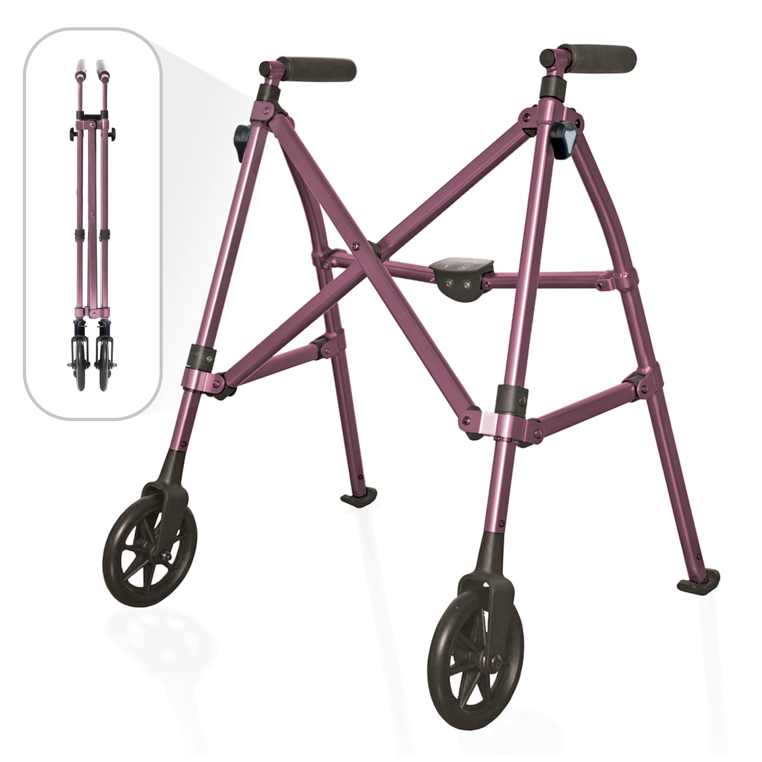 Stander Space Saver Walker, Lightweight Folding Rolling Mobility Aid for Seniors & Adults, Compact 2-Wheel Disability Device with 6-inch Wheels & Ski Glides for Walking Support, Cobalt Blue