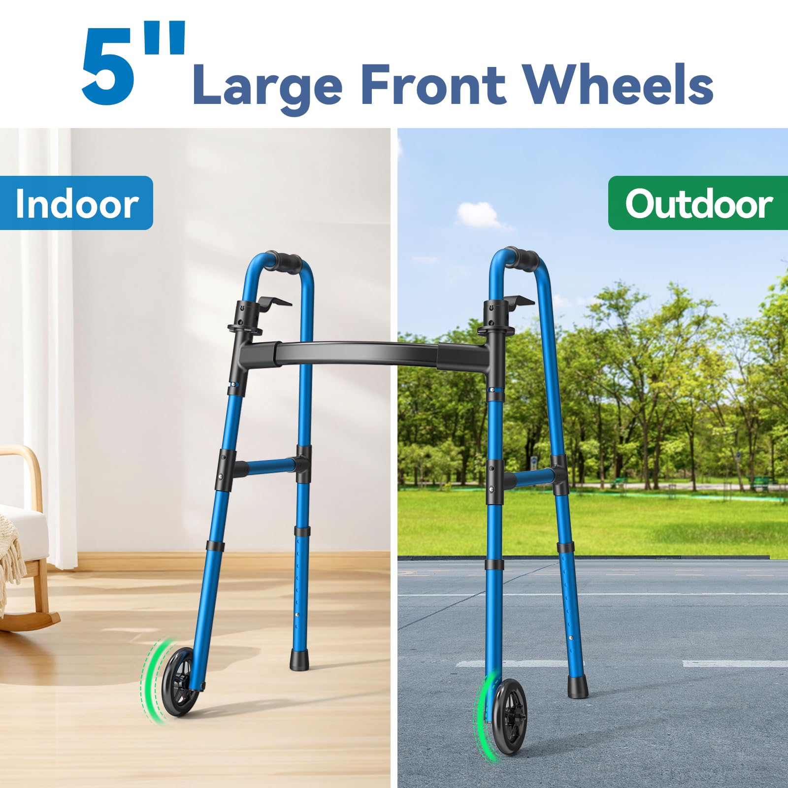 Folding Walker with 2 Skis and 5" Wheels, Lightweight Walkers for Seniors and Adults, Supports Up to 350 Pounds, Adjustable Height, Compact Standard Walker, Black