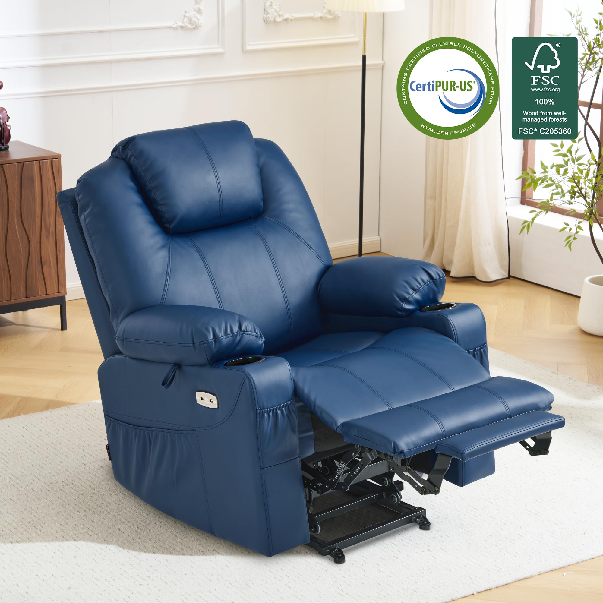 MCombo Electric Power Lift Recliner Chair Sofa with Massage and Heat for Elderly, 3 Positions, 2 Side Pockets, and Cup Holders, USB Ports, Faux Leather 7040 (Light Brown, Medium)