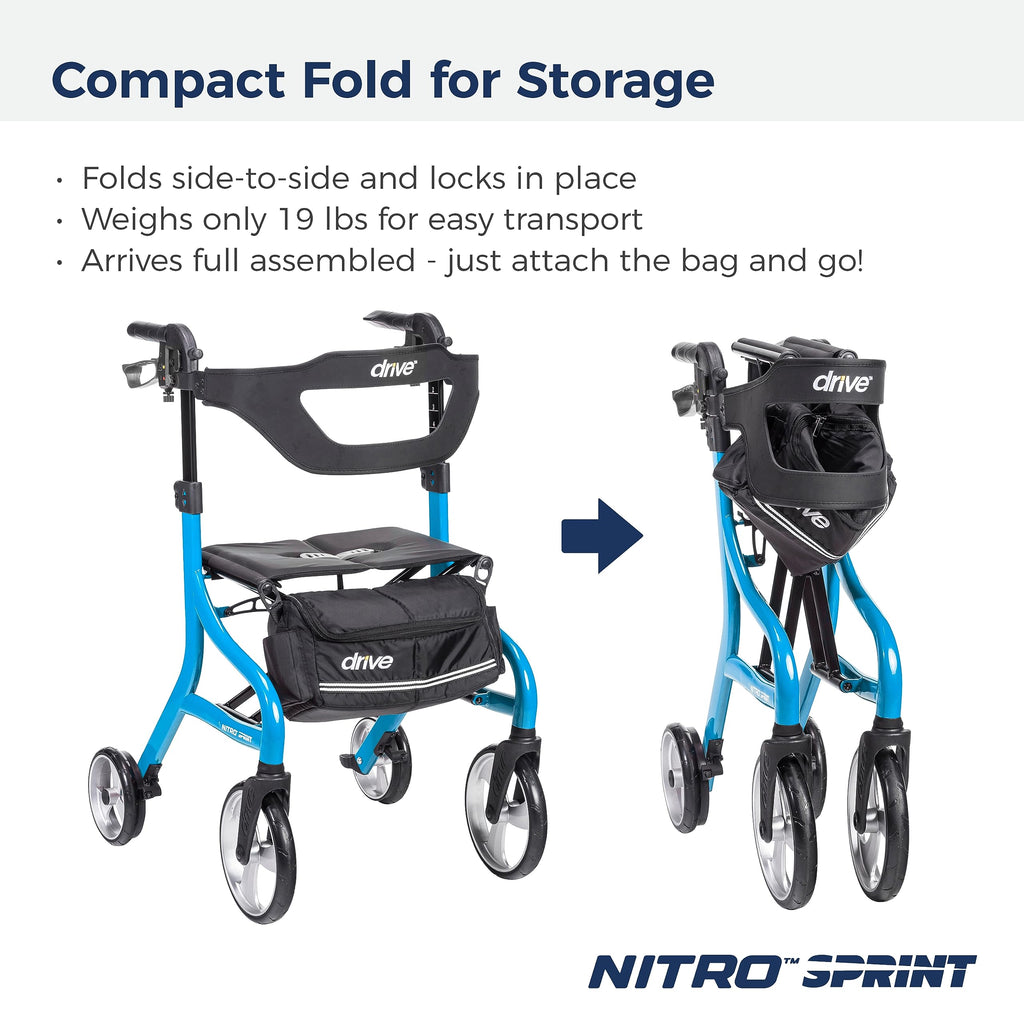 Drive Medical Nitro Sprint Foldable Rollator Walker with Seat, Standard Height Lightweight Large Wheels, Folding Rolling Walker, Red 1 Count 19 pounds