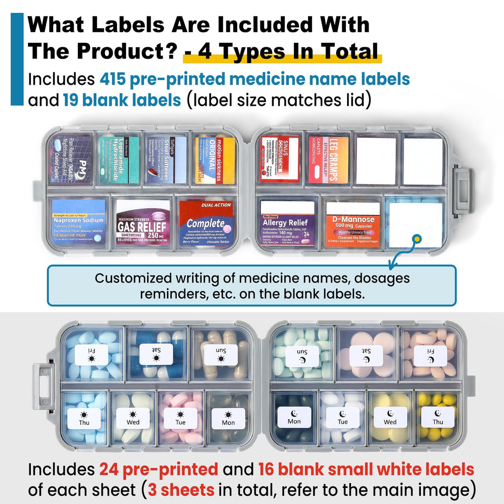 3 Pack 14 Grids Travel Pill Organizer Box with 415-Pcs Medicine Name Labels - Pocket Daily Pharmacy Case Container Kit - Travel Medication Holder Dispenser for Fish Oil Vitamin Supplement Storage